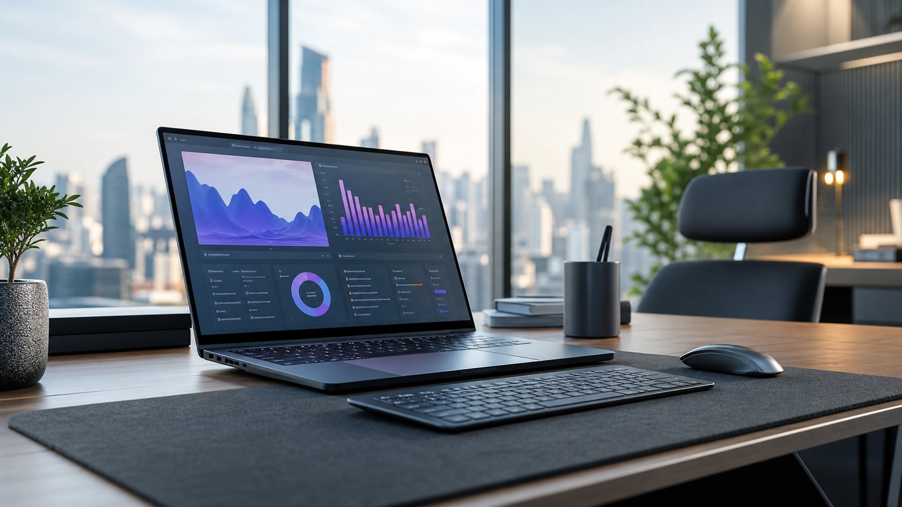 Sebuah ruang kerja modern dengan laptop canggih di atas meja, kursi kantor, dan tanaman hias di latar belakang.
