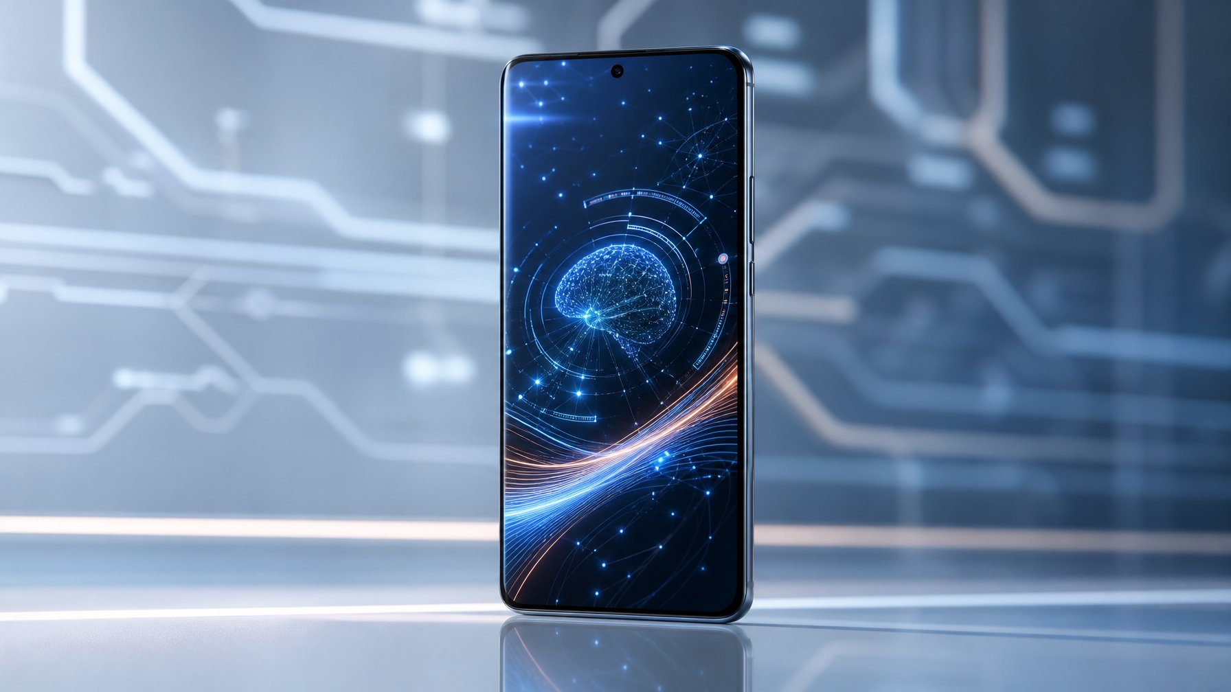 Smartphone modern dengan desain ramping dan layar menyala menampilkan grafik teknologi AI, diletakkan di atas permukaan minimalis dengan latar belakang futuristik.