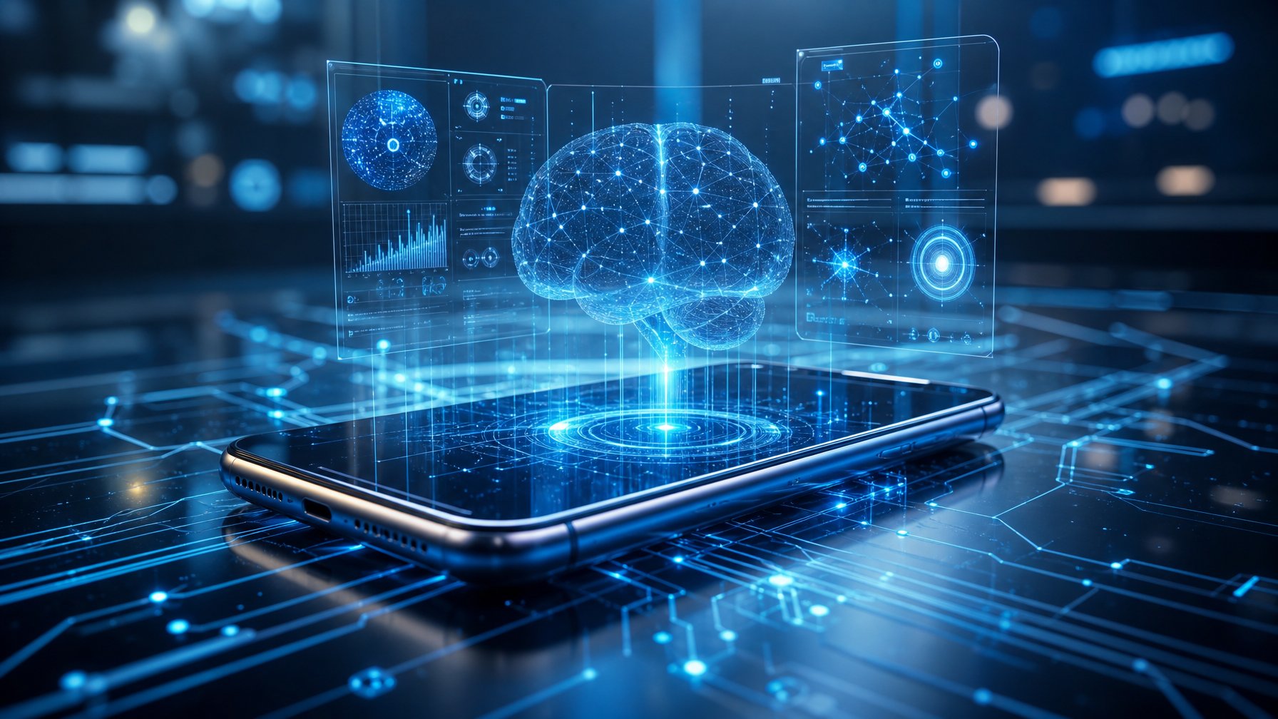 Sebuah ponsel futuristik dengan tampilan holografik yang memproyeksikan data AI, dikelilingi oleh pola pencahayaan di latar belakang teknologi modern.
