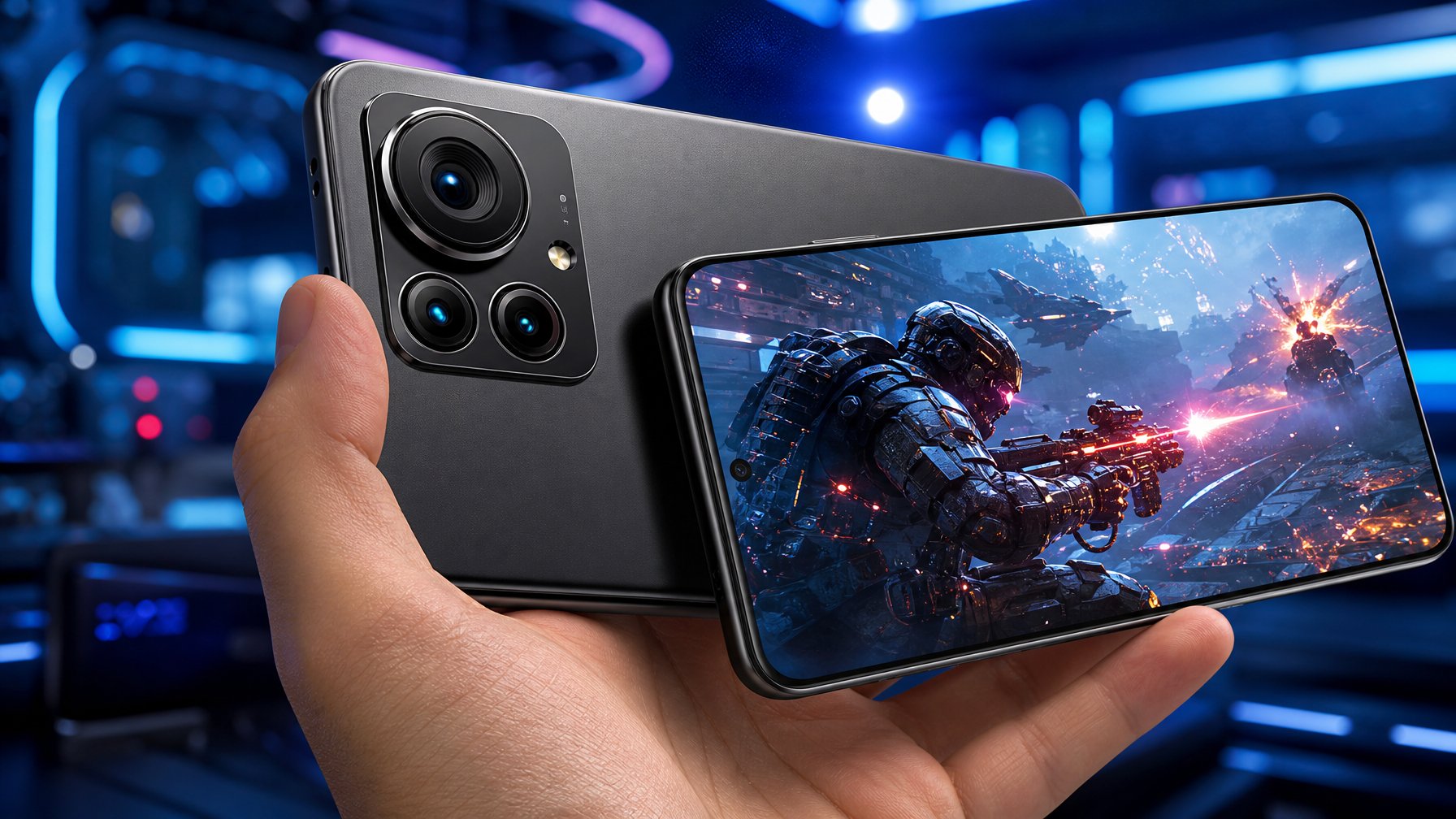 Sebuah ponsel terbaru tahun 2026 dengan kamera besar dan layar menampilkan video permainan, dipegang oleh tangan di latar belakang futuristik.