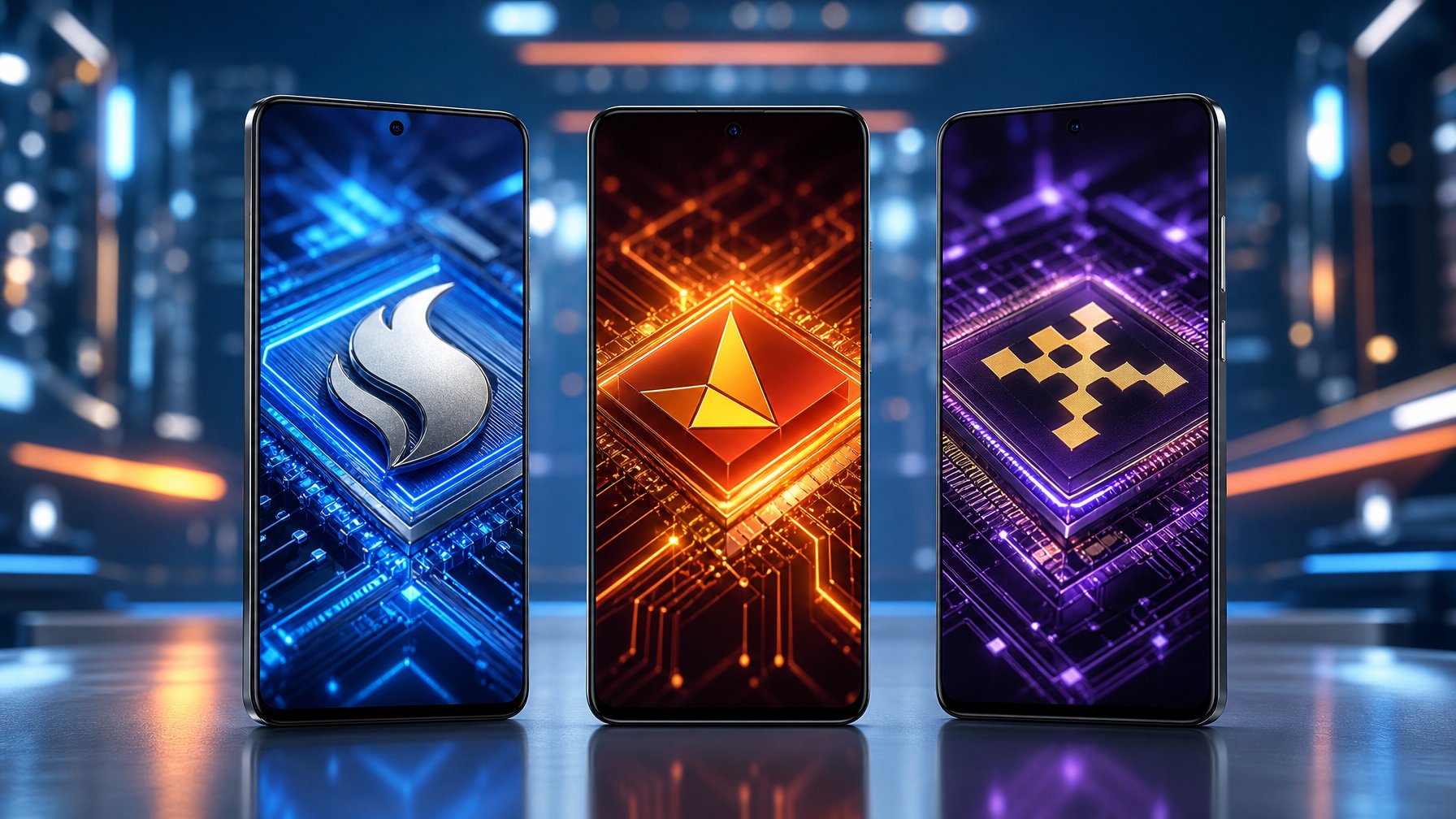 Tiga ponsel modern yang menampilkan desain dan layar warna-warni di atas permukaan reflektif dengan latar belakang teknologi futuristik.