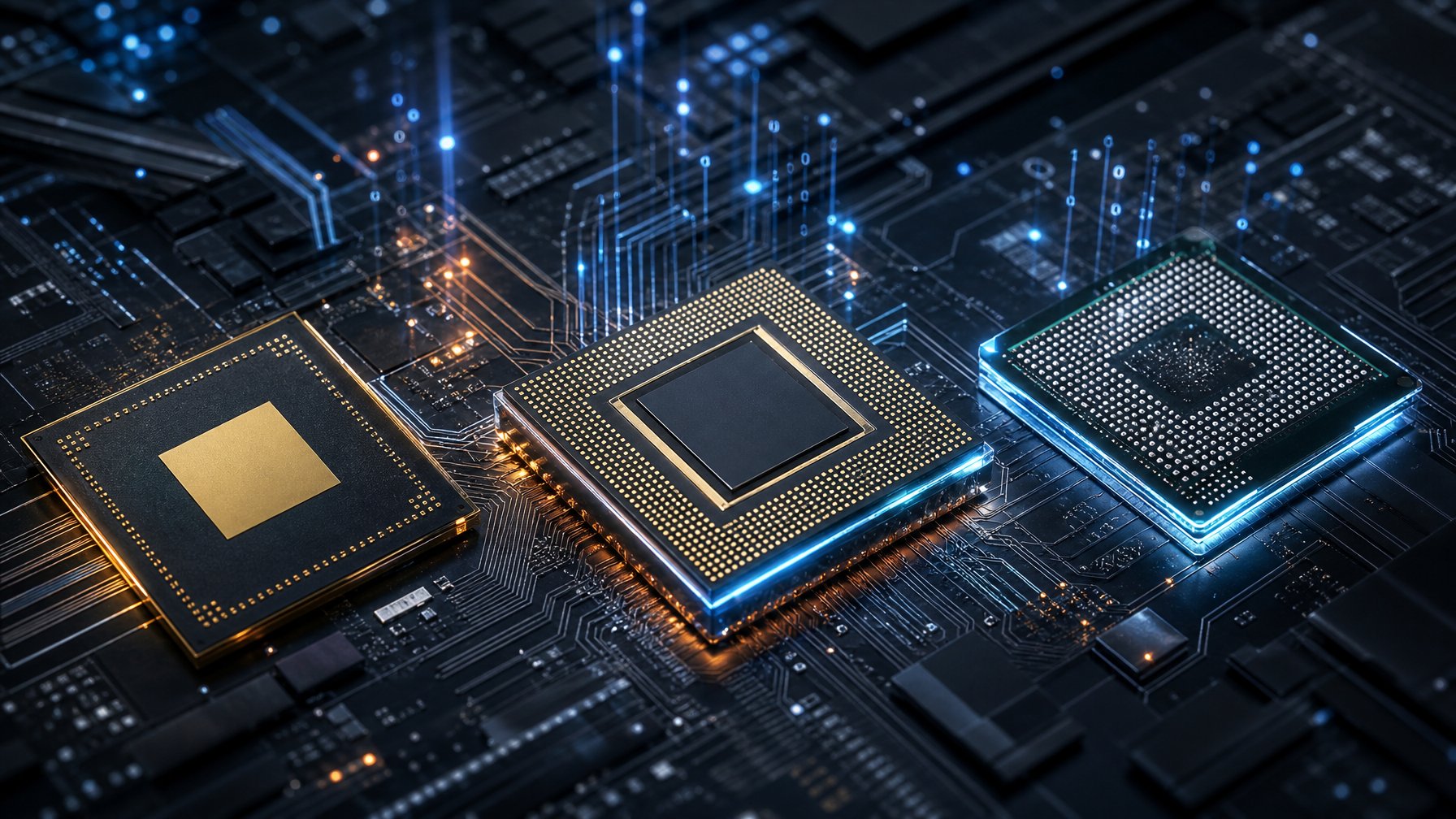 Beberapa chip prosesor smartphone terbaru dengan pola sirkuit dan efek holografik futuristik di latar belakang gelap.