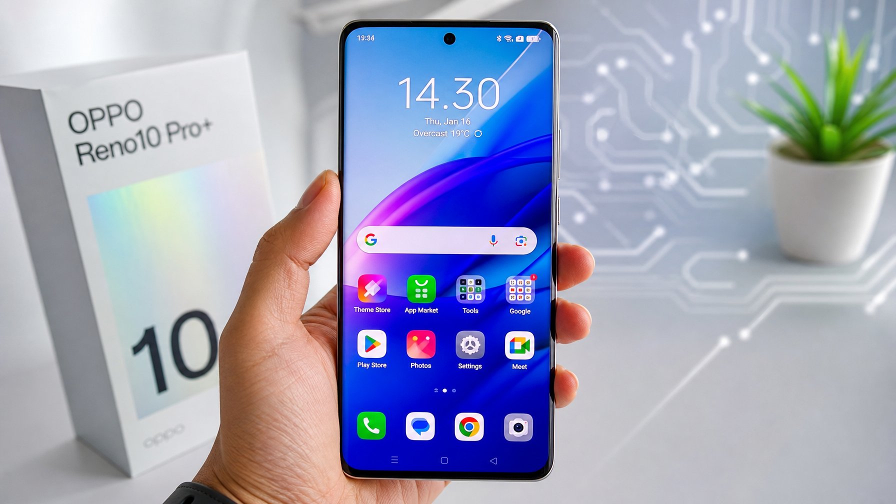 Seseorang memegang ponsel Android terbaru dengan layar berwarna cerah dan latar belakang minimalis.