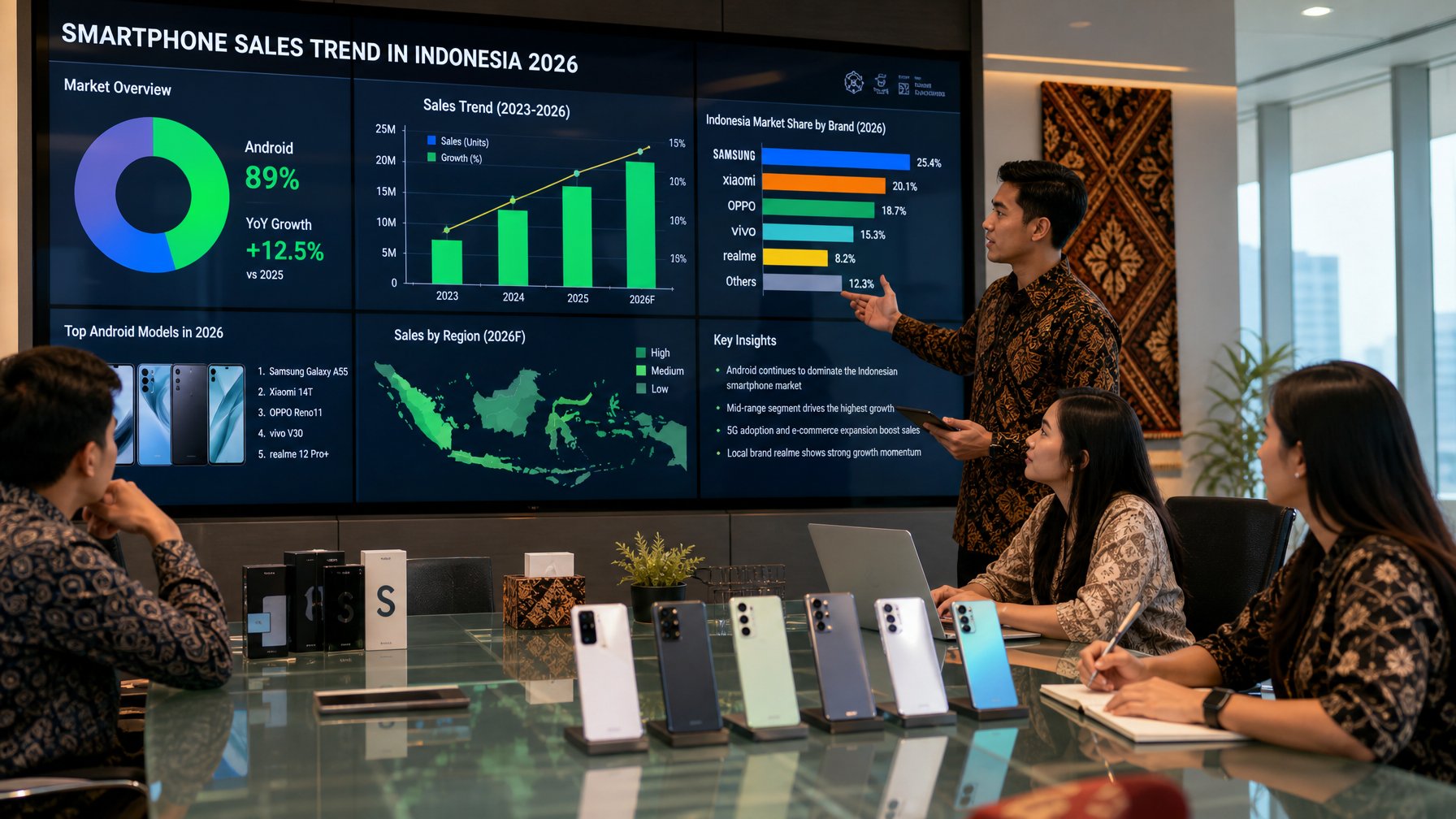 Sekelompok profesional muda Indonesia sedang menganalisis data tren penjualan smartphone Android tahun 2026 di kantor modern dengan beberapa ponsel Android terbaru di atas meja.
