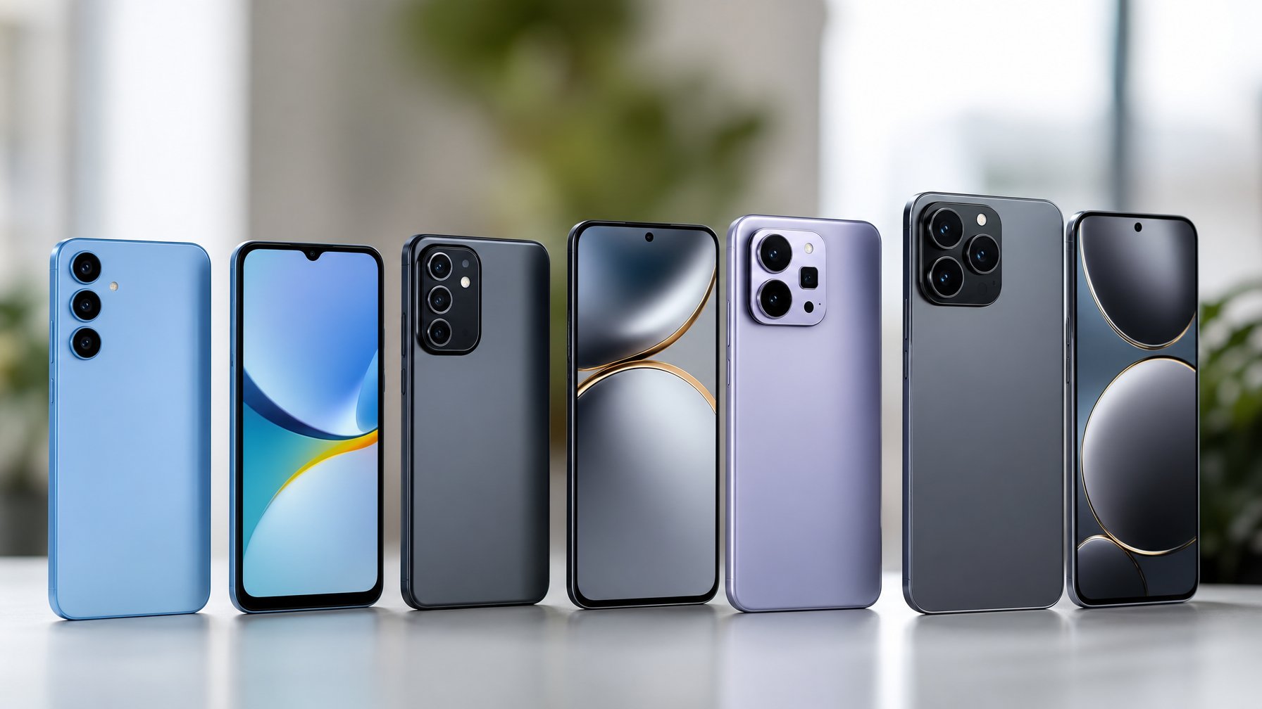 Beberapa smartphone terbaru tahun 2026 dengan desain modern dan elegan tersusun rapi di atas permukaan bersih.