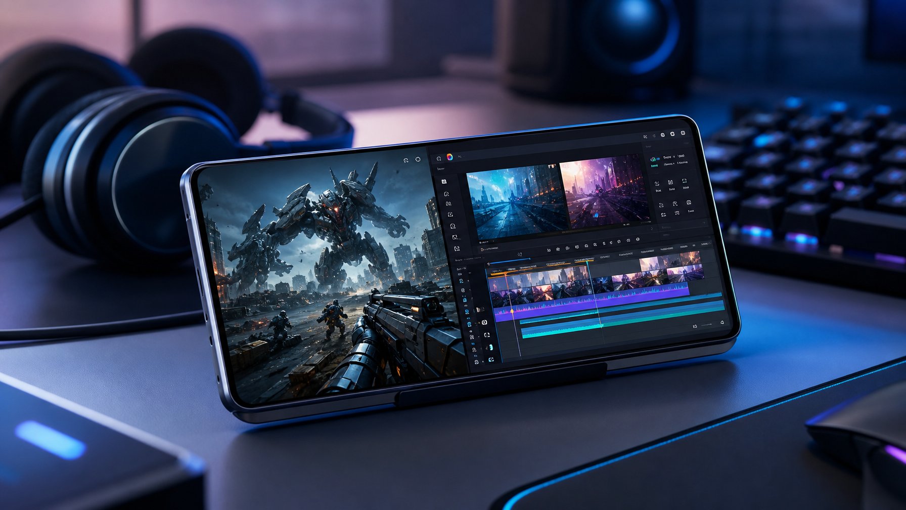 Smartphone modern dengan layar menampilkan grafis game dan perangkat lunak pengeditan video di atas meja kerja minimalis.