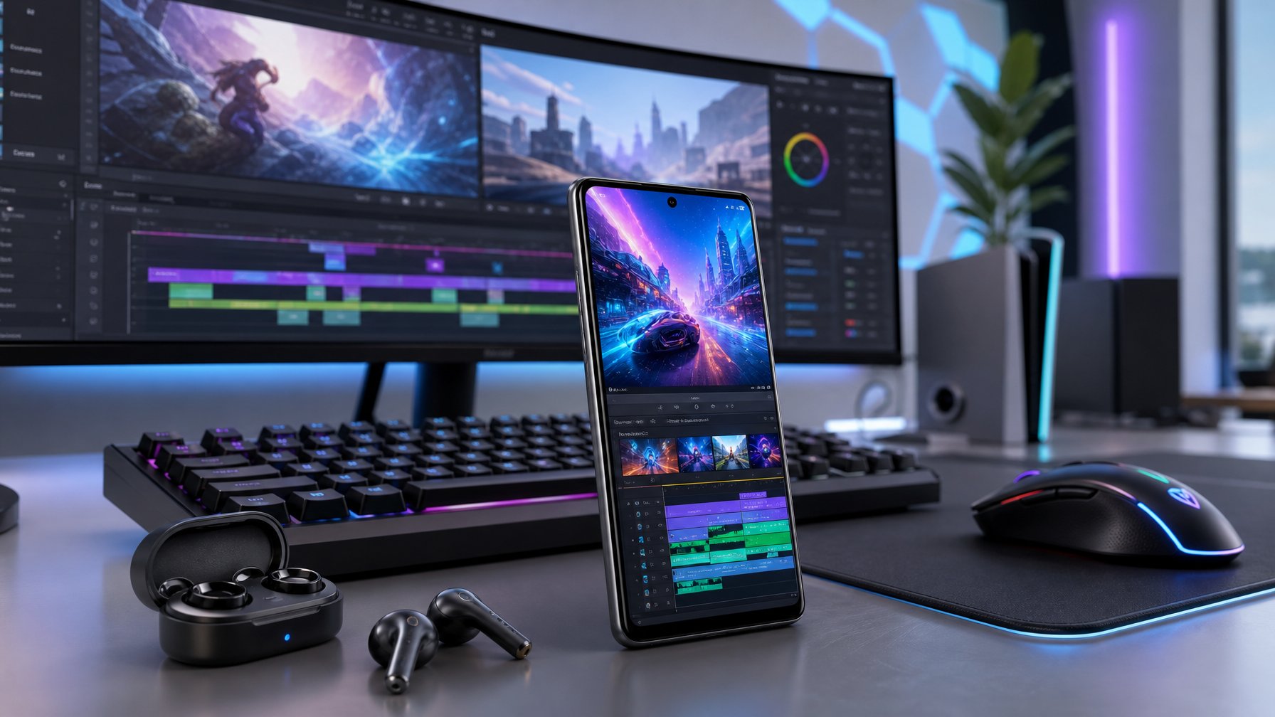 Sebuah meja kerja modern dengan ponsel canggih yang menampilkan grafis game dan pengeditan video, dilengkapi dengan aksesori teknologi tinggi di sekitarnya.