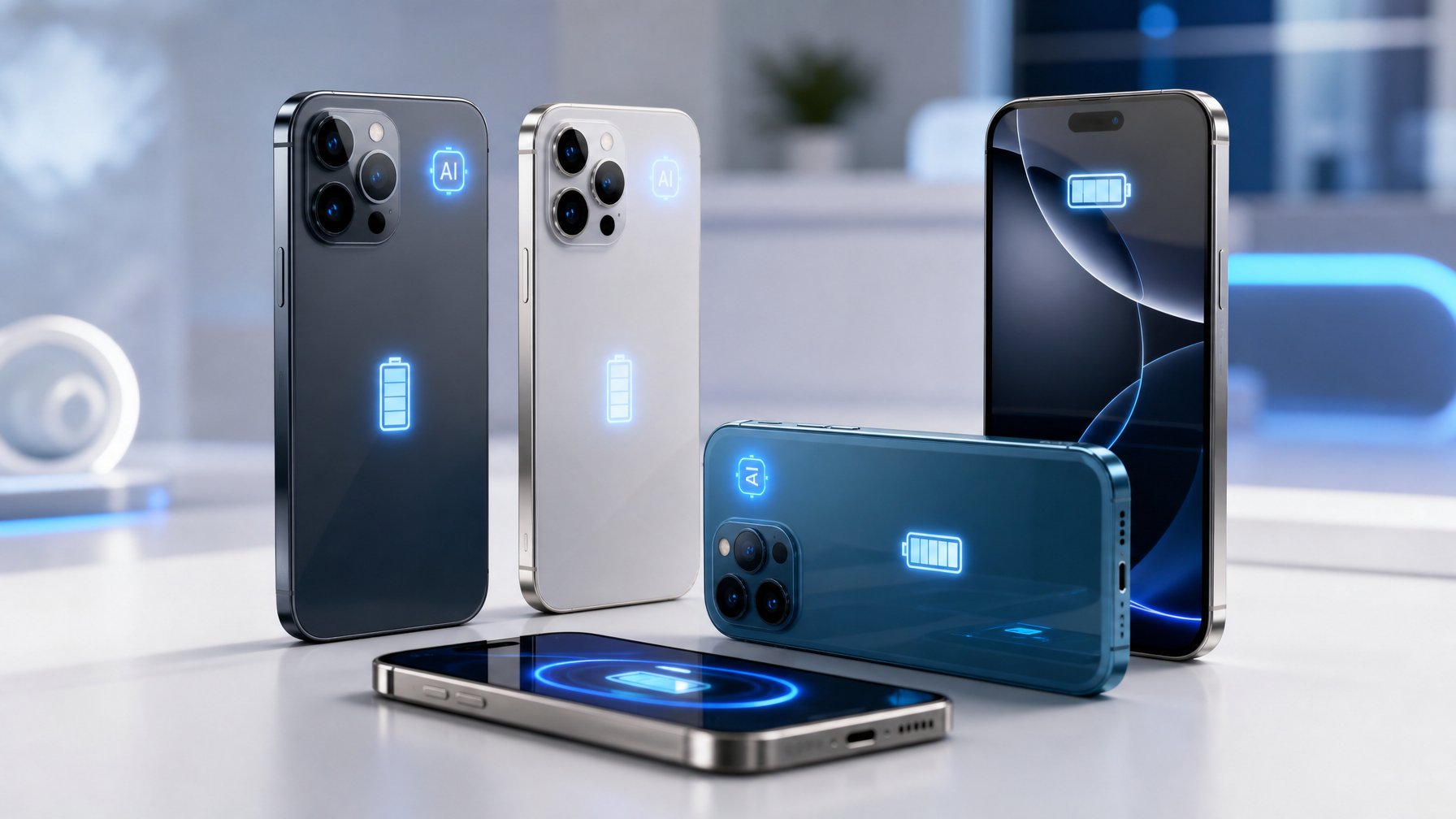 Beberapa smartphone modern terbaru tahun 2026 dengan fitur kamera AI dan ikon baterai tahan lama, diletakkan di atas permukaan putih bersih.