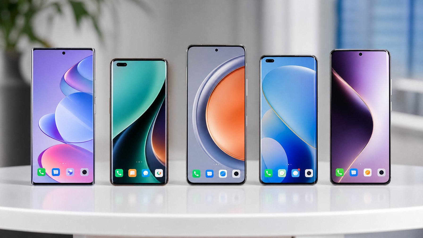 Lima smartphone terbaru dan populer dari Samsung, Xiaomi, Oppo, Vivo, dan Infinix yang tersusun rapi di atas permukaan putih dengan latar belakang minimalis.