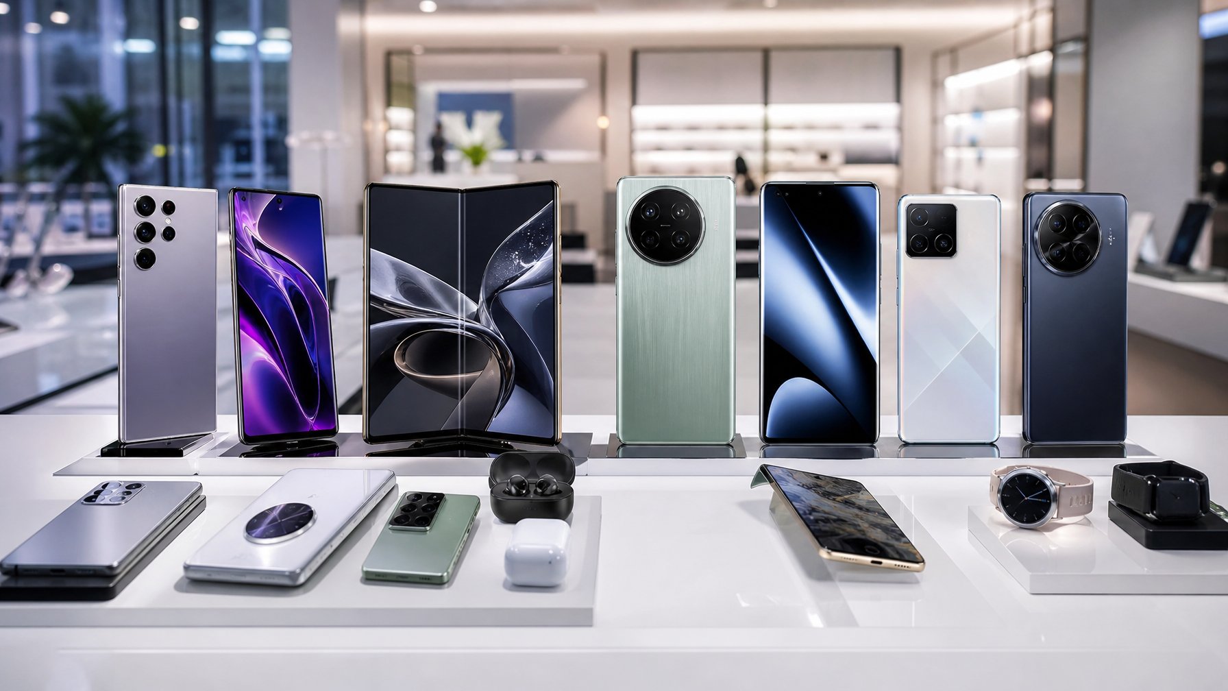 Beberapa smartphone terbaru dari merek Samsung, Xiaomi, Oppo, Vivo, dan Infinix ditampilkan rapi di atas meja putih di dalam toko teknologi.
