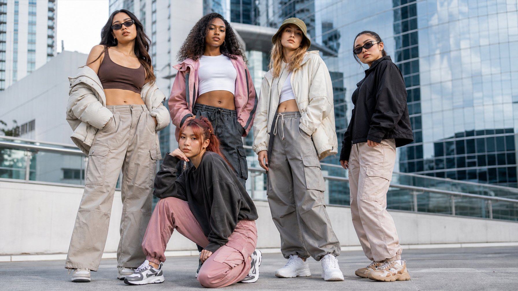 Sekelompok perempuan muda berdiri di lingkungan perkotaan mengenakan pakaian kasual dan streetwear terbaru tahun 2026.