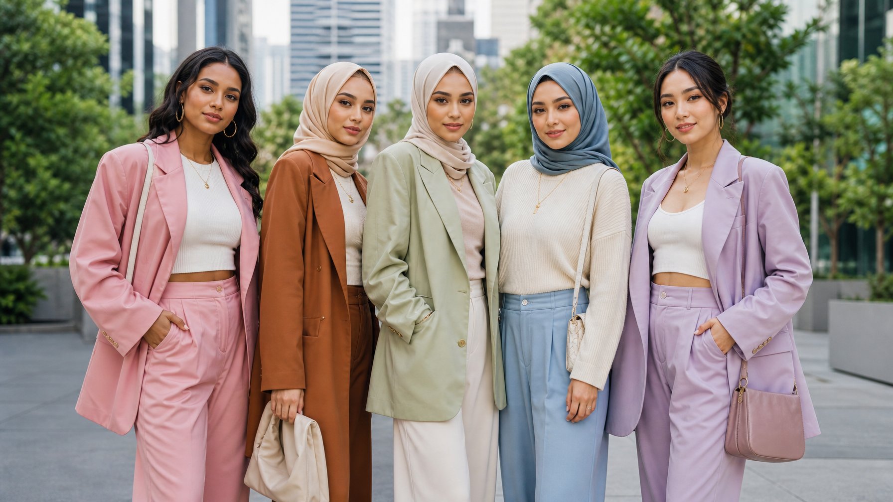 Kelompok wanita dengan berbagai gaya busana hijab dan non hijab sedang dalam suasana kota modern.