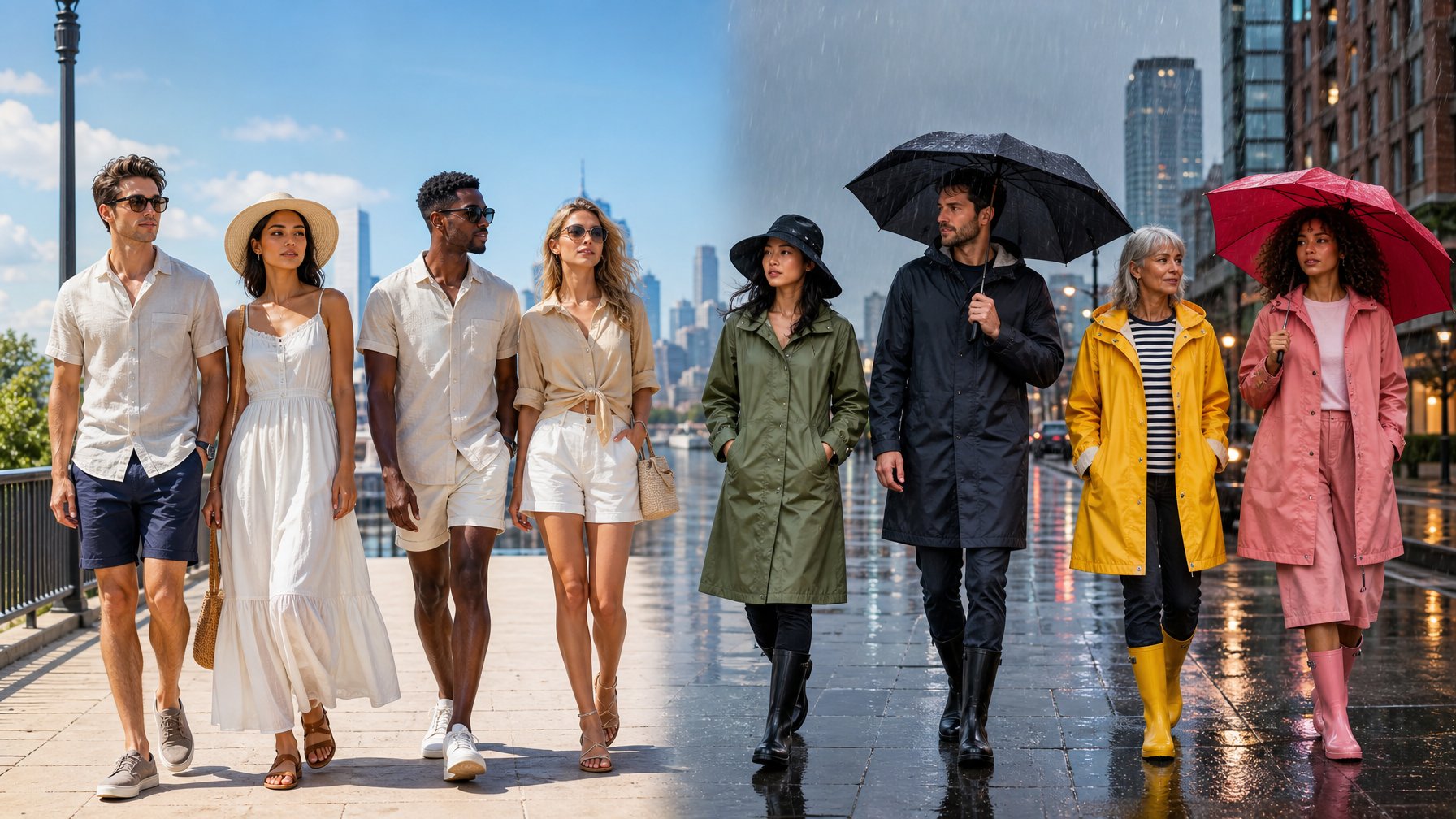 Sekelompok orang mengenakan pakaian musim panas dan musim hujan terbaru di luar ruangan dengan latar cuaca cerah dan hujan.