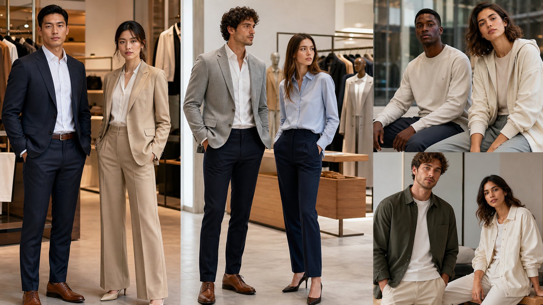 Beberapa orang mengenakan berbagai jenis pakaian branded untuk kerja dan bersantai di sebuah showroom modern.