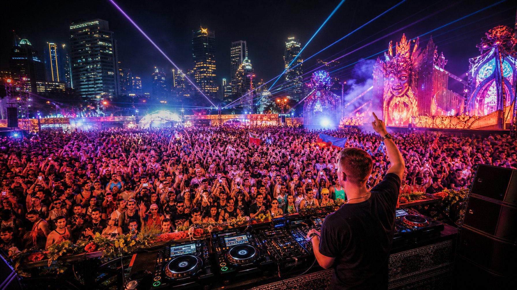 Kerumunan orang muda menari dan menikmati pesta malam dengan DJ internasional di panggung yang diterangi lampu warna-warni di sebuah festival musik di Indonesia.
