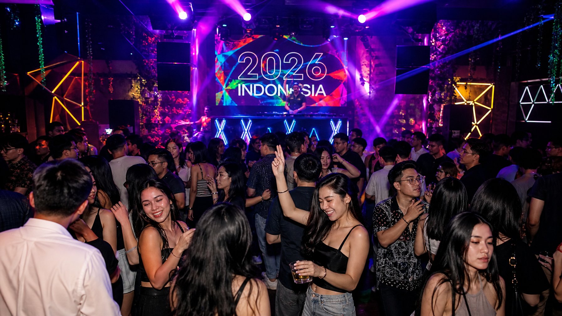 Sekelompok anak muda Indonesia sedang menikmati pesta malam di klub dengan lampu warna-warni dan DJ tampil di panggung.