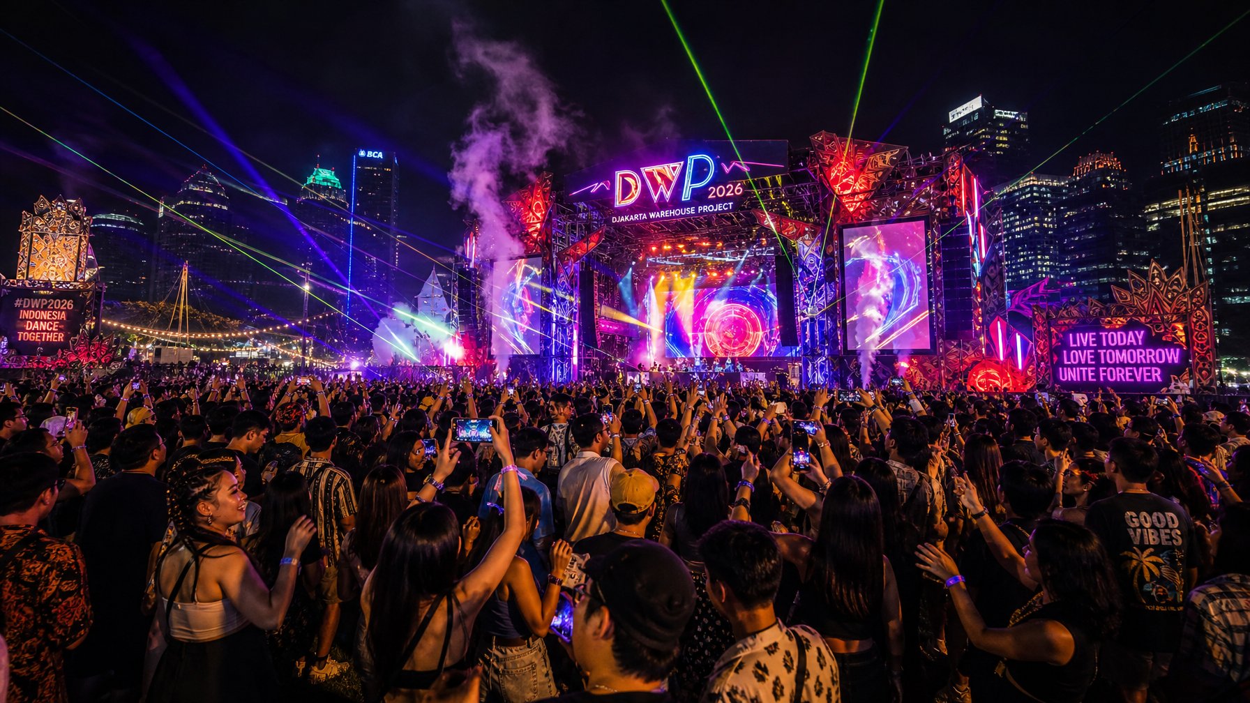 Kerumunan orang menikmati festival musik malam dengan panggung terang dan lampu warna-warni di Indonesia.