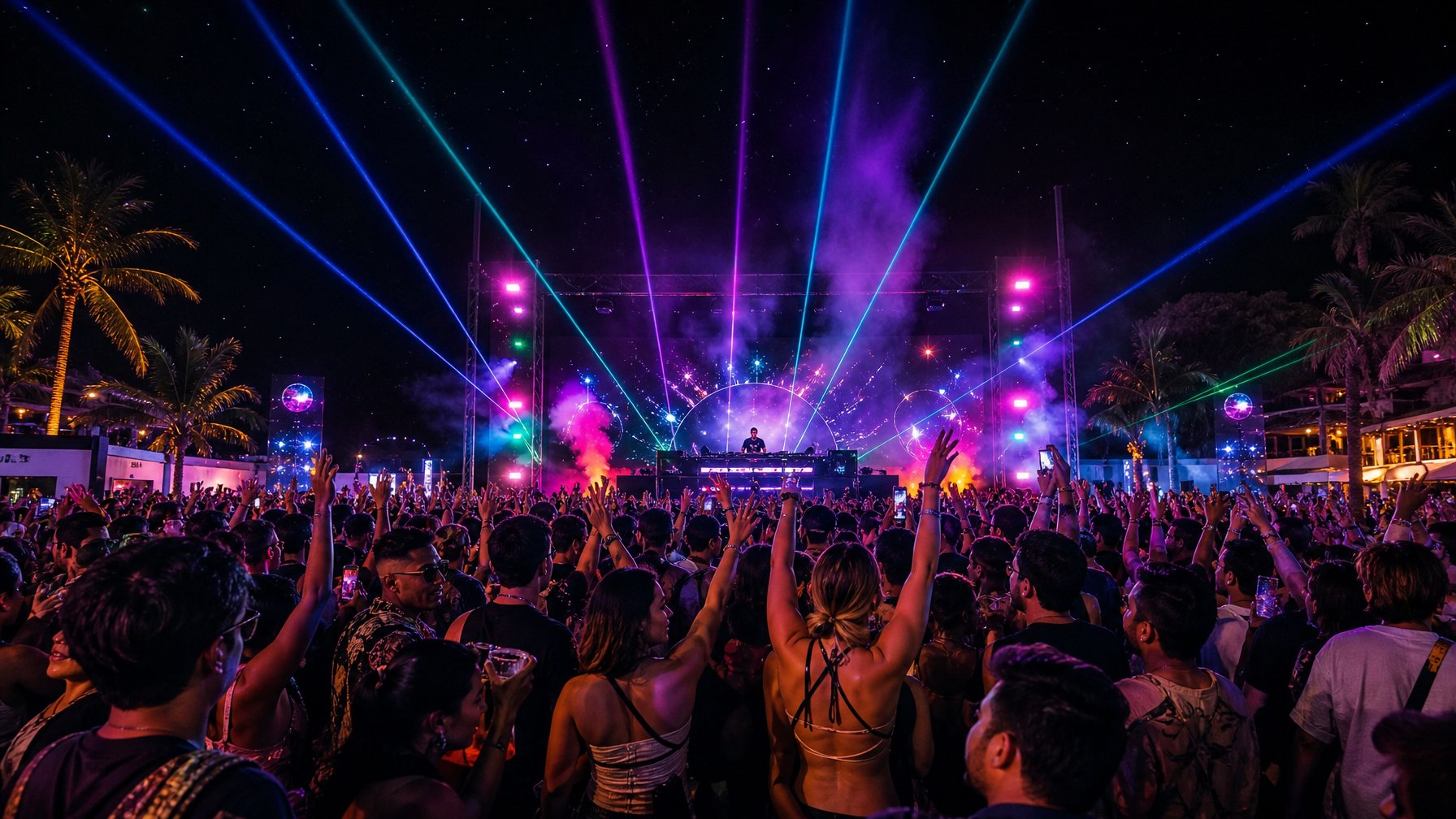 Kerumunan orang muda menari dan menikmati pesta DJ malam hari di luar ruangan dengan lampu warna-warni dan panggung DJ di latar belakang.