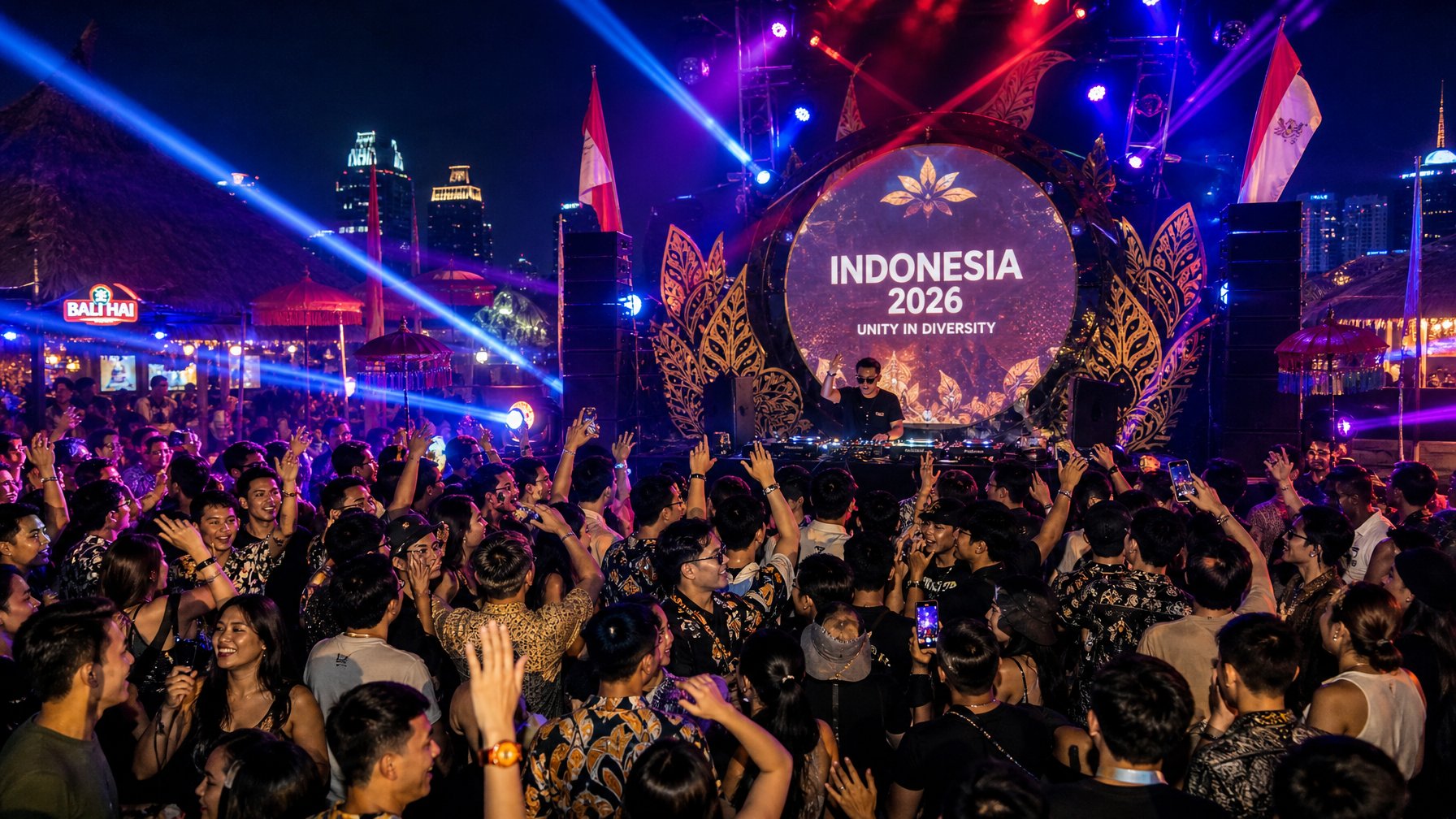 Kerumunan orang muda menari dan bersenang-senang di pesta DJ malam hari di luar ruangan dengan lampu warna-warni dan DJ yang sedang tampil di panggung.