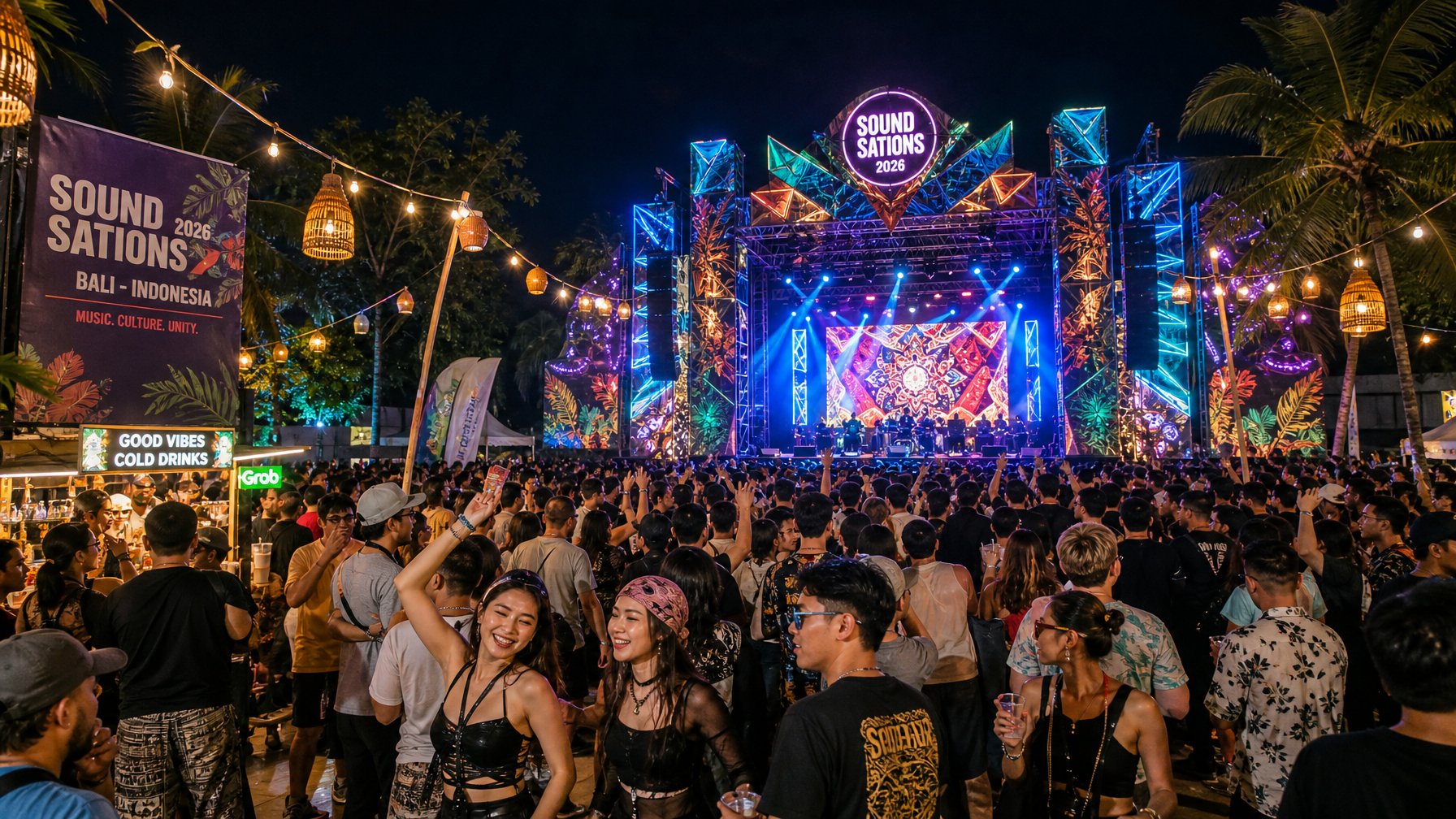 Kerumunan orang muda menikmati festival musik malam outdoor di Indonesia dengan panggung terang dan lampu warna-warni.