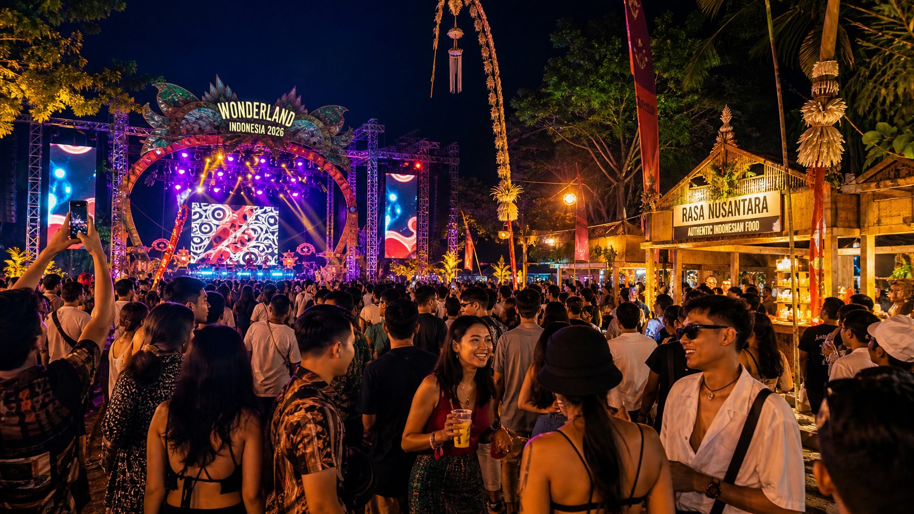 Kerumunan orang muda menikmati pesta musik malam outdoor di Indonesia dengan panggung bercahaya dan dekorasi warna-warni di tengah pepohonan tropis.