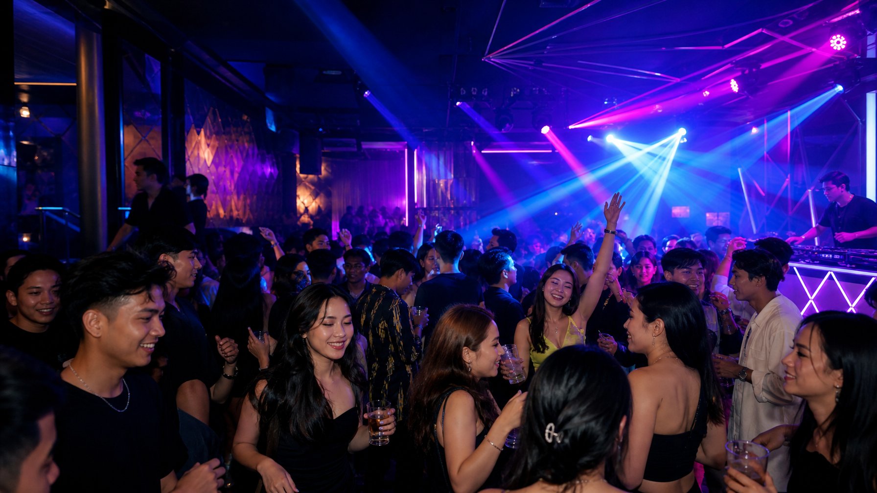 Kerumunan orang muda sedang berpesta di klub malam dengan lampu warna-warni dan DJ yang sedang memainkan musik.