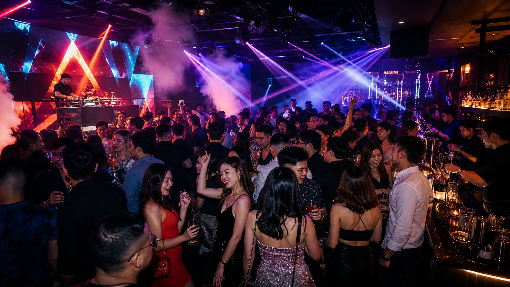 Sekelompok orang muda sedang berdansa dan bersenang-senang di dalam klub malam yang terang dengan lampu warna-warni dan DJ yang sedang memutar musik.