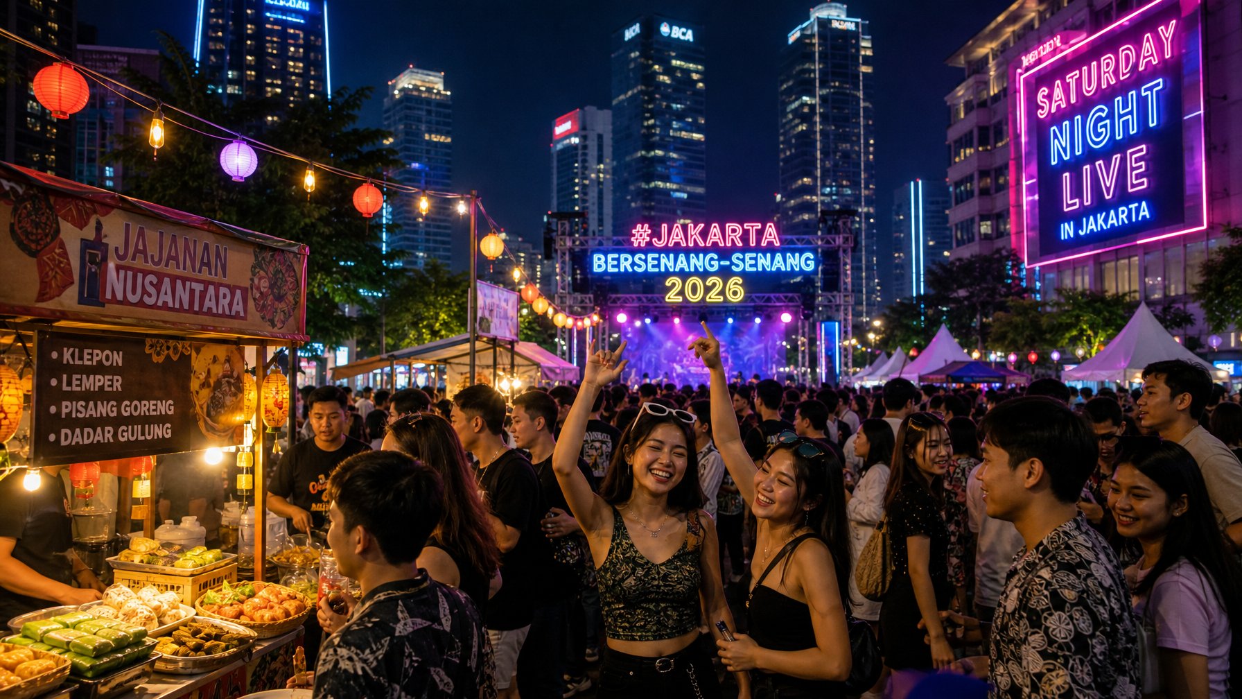 Kerumunan orang muda yang menikmati pesta malam di kota besar Indonesia dengan lampu warna-warni dan suasana meriah.
