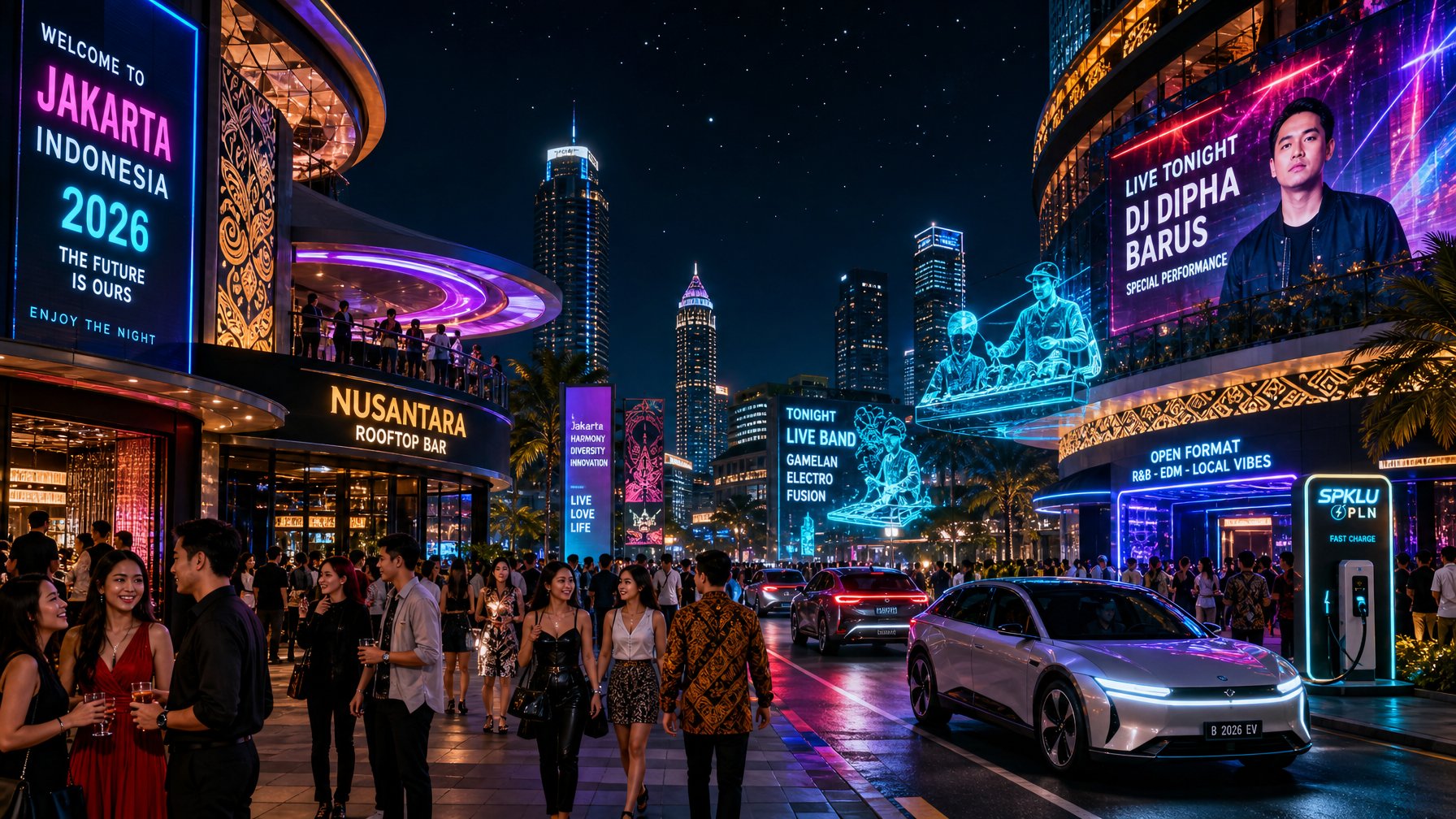 Pemandangan malam hari di jalan kota Indonesia dengan gedung modern dan lampu neon, orang-orang menikmati hiburan malam di klub dan bar.