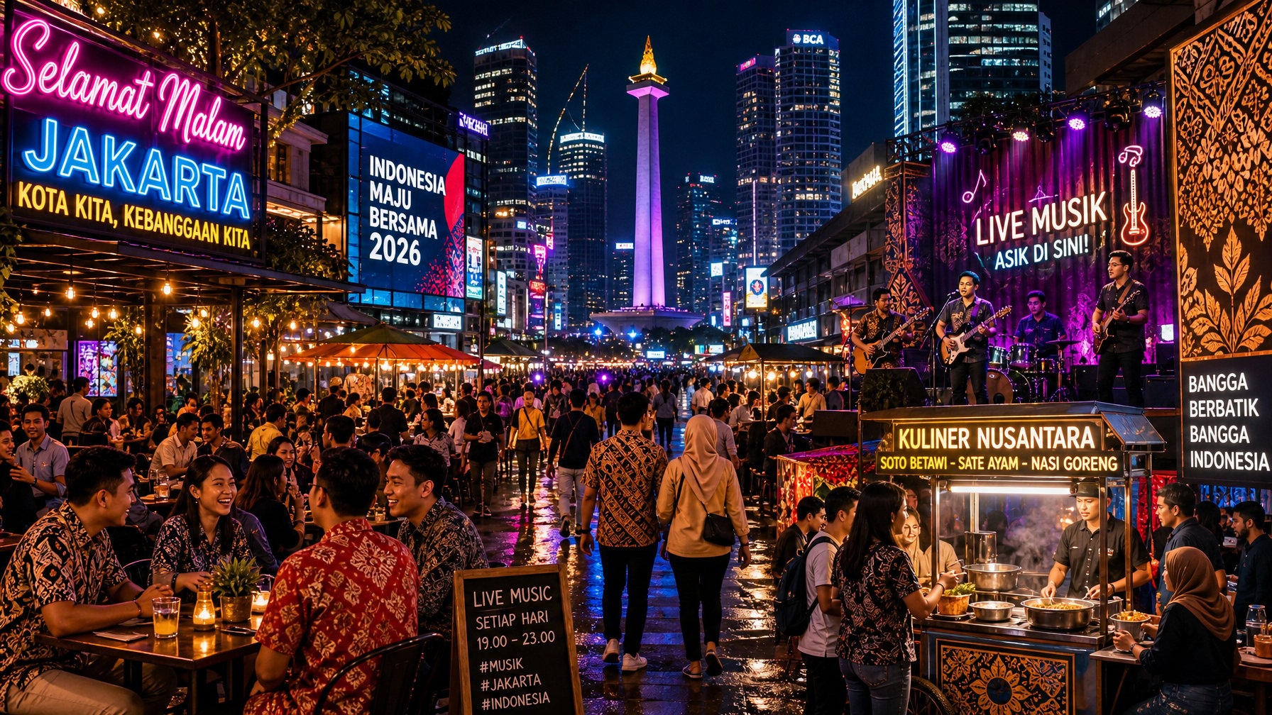 Pemandangan malam hari di kota besar Indonesia dengan jalanan ramai, lampu warna-warni, dan orang-orang menikmati hiburan malam.