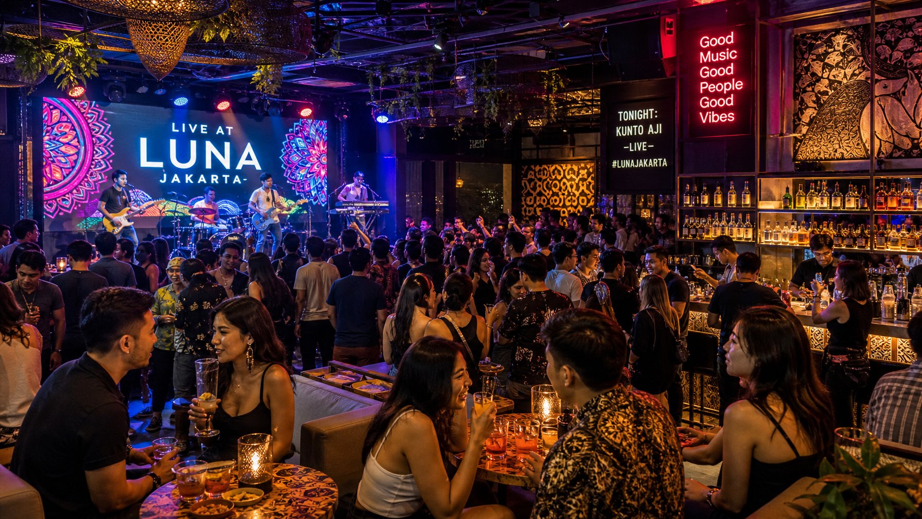 Suasana malam di klub dan bar di Indonesia dengan orang-orang menikmati musik live dan berdansa.