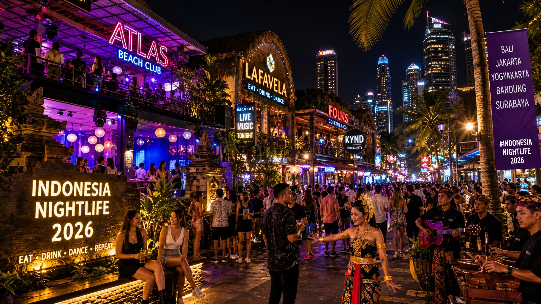 Pemandangan malam hari yang ramai dengan klub, bar, dan tempat musik live di Indonesia, menampilkan orang-orang yang bersosialisasi dan menikmati hiburan.