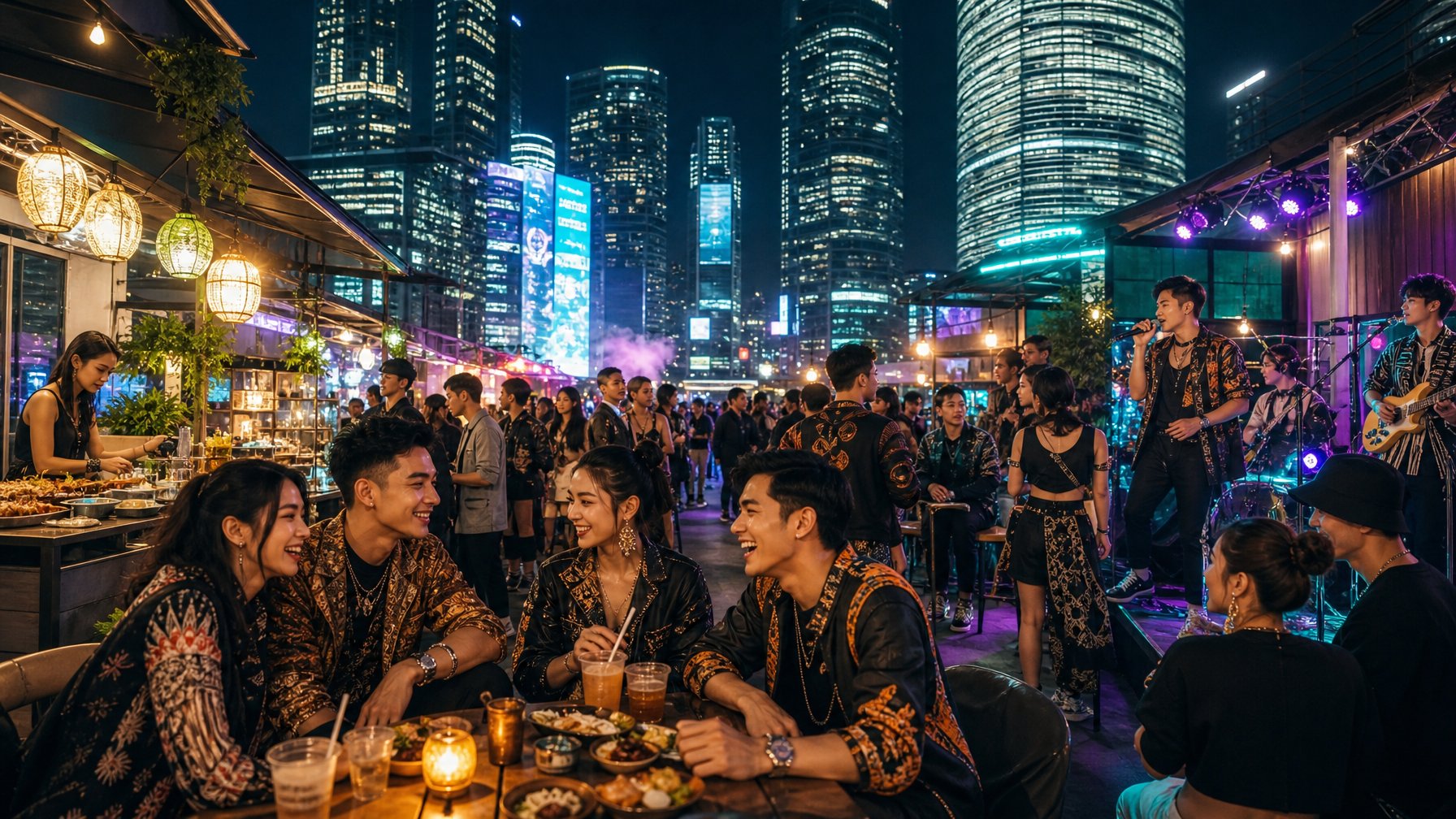 Sekelompok anak muda Indonesia menikmati suasana malam di kota dengan lampu neon, kafe modern, dan pertunjukan musik di luar ruangan.