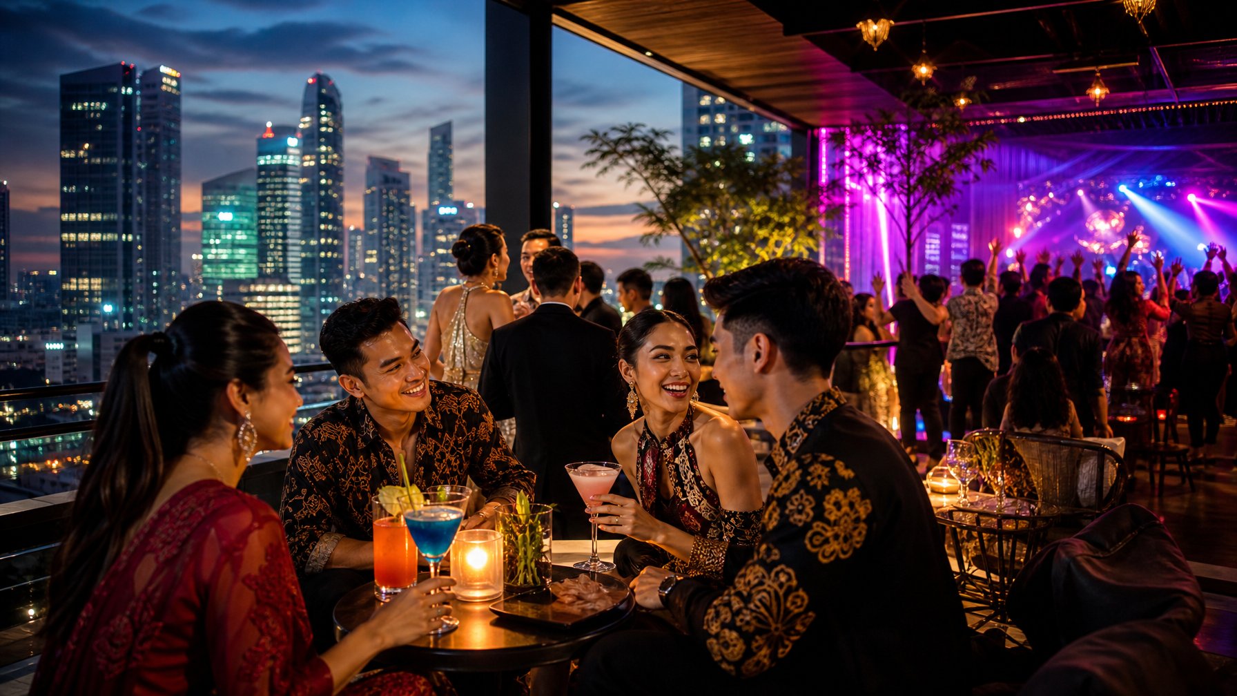 Orang-orang muda menikmati malam di bar atap dan klub malam dengan lampu warna-warni di kota Indonesia.