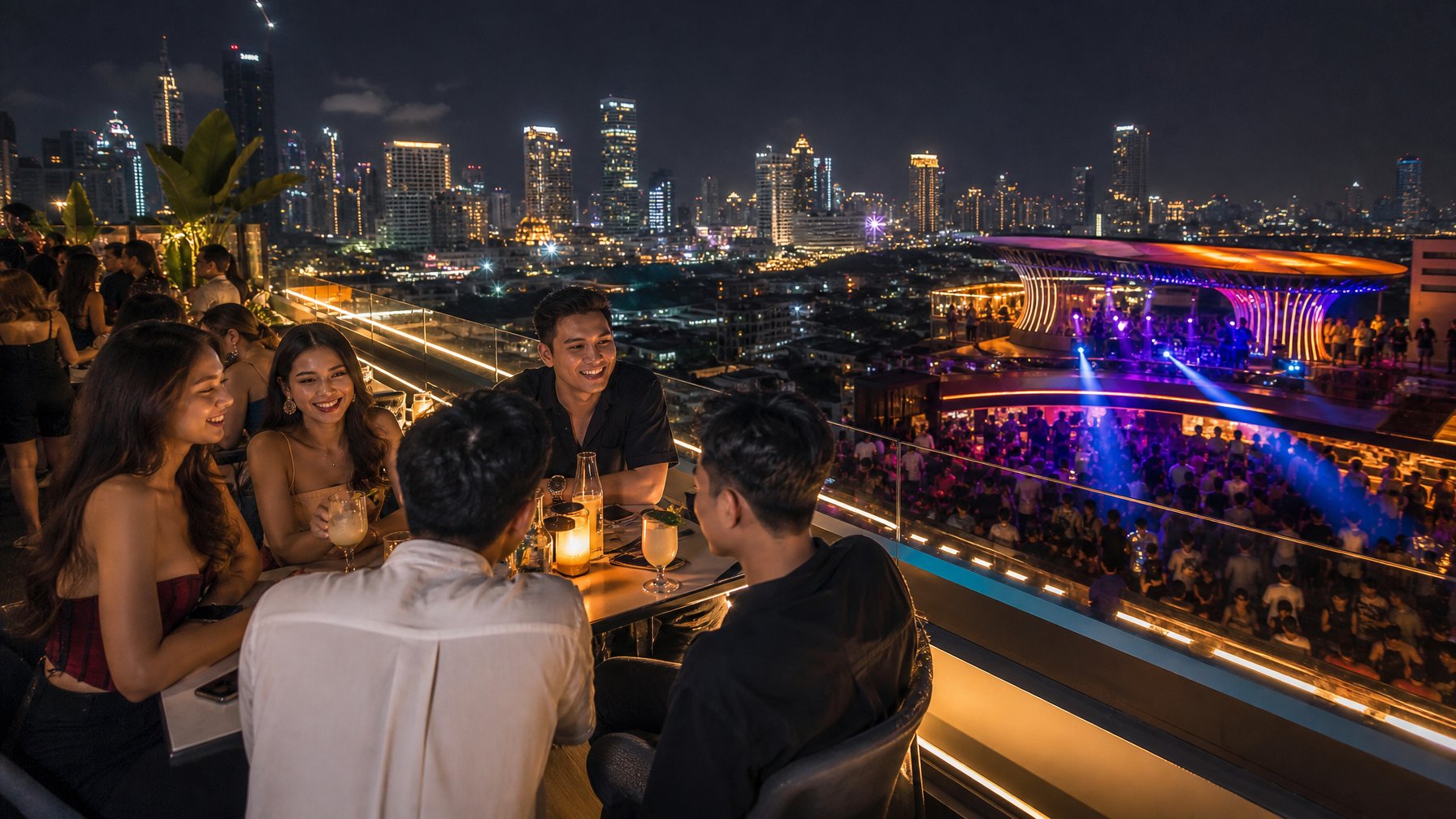 Orang-orang muda menikmati suasana malam di rooftop bar modern dengan pemandangan kota Indonesia yang terang benderang dan klub malam yang ramai di latar belakang.