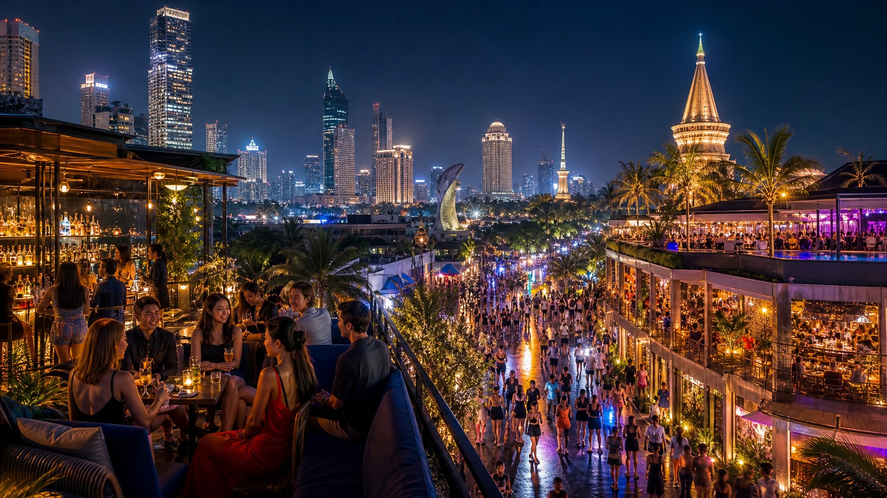 Pemandangan malam yang ramai dengan orang-orang menikmati hiburan malam di kota-kota besar Indonesia seperti Jakarta, Bali, dan Surabaya.