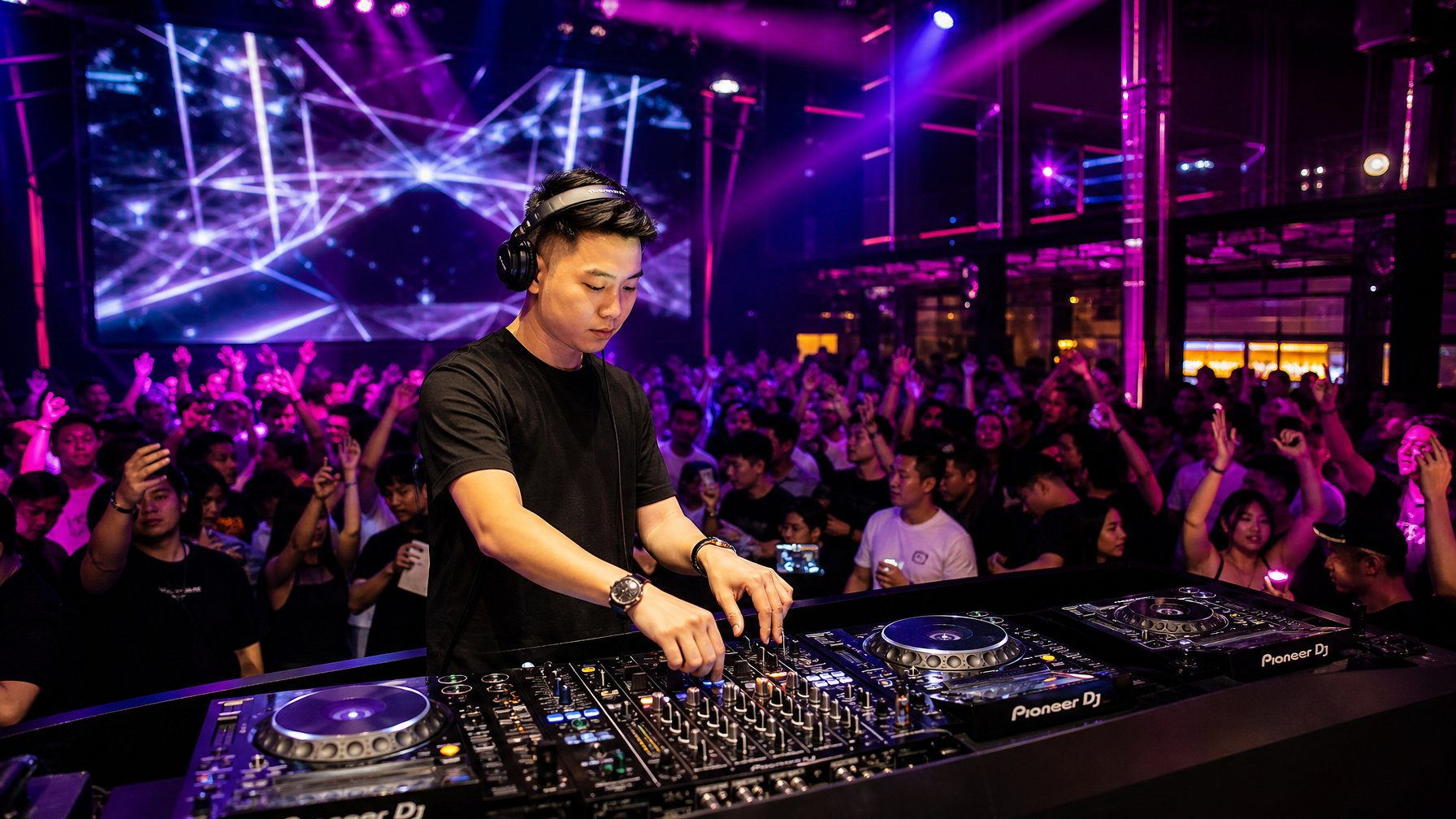 Seorang DJ tampil di sebuah acara malam eksklusif dengan pencahayaan warna-warni dan keramaian yang menikmati musik.