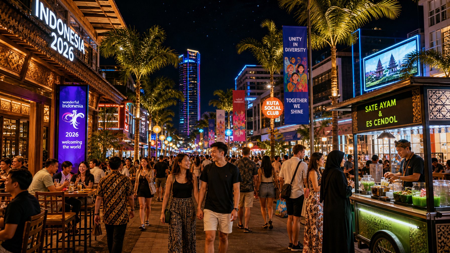 Suasana malam hari yang ramai dan ramah di jalanan Indonesia dengan orang-orang menikmati hiburan dan makanan lokal.