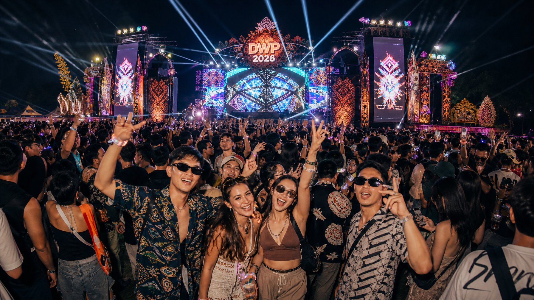Kerumunan orang muda menikmati festival musik malam di luar ruangan dengan lampu warna-warni dan panggung besar.