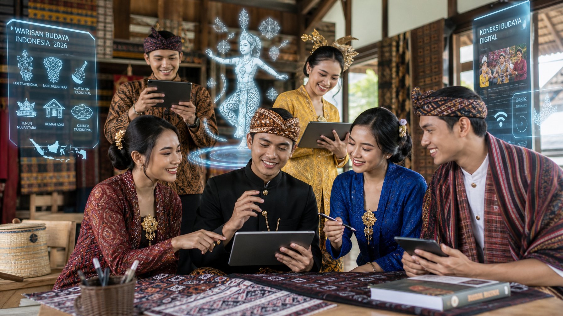 Sekelompok pemuda Indonesia mengenakan pakaian tradisional menggunakan perangkat digital di ruang budaya dengan dekorasi khas daerah.