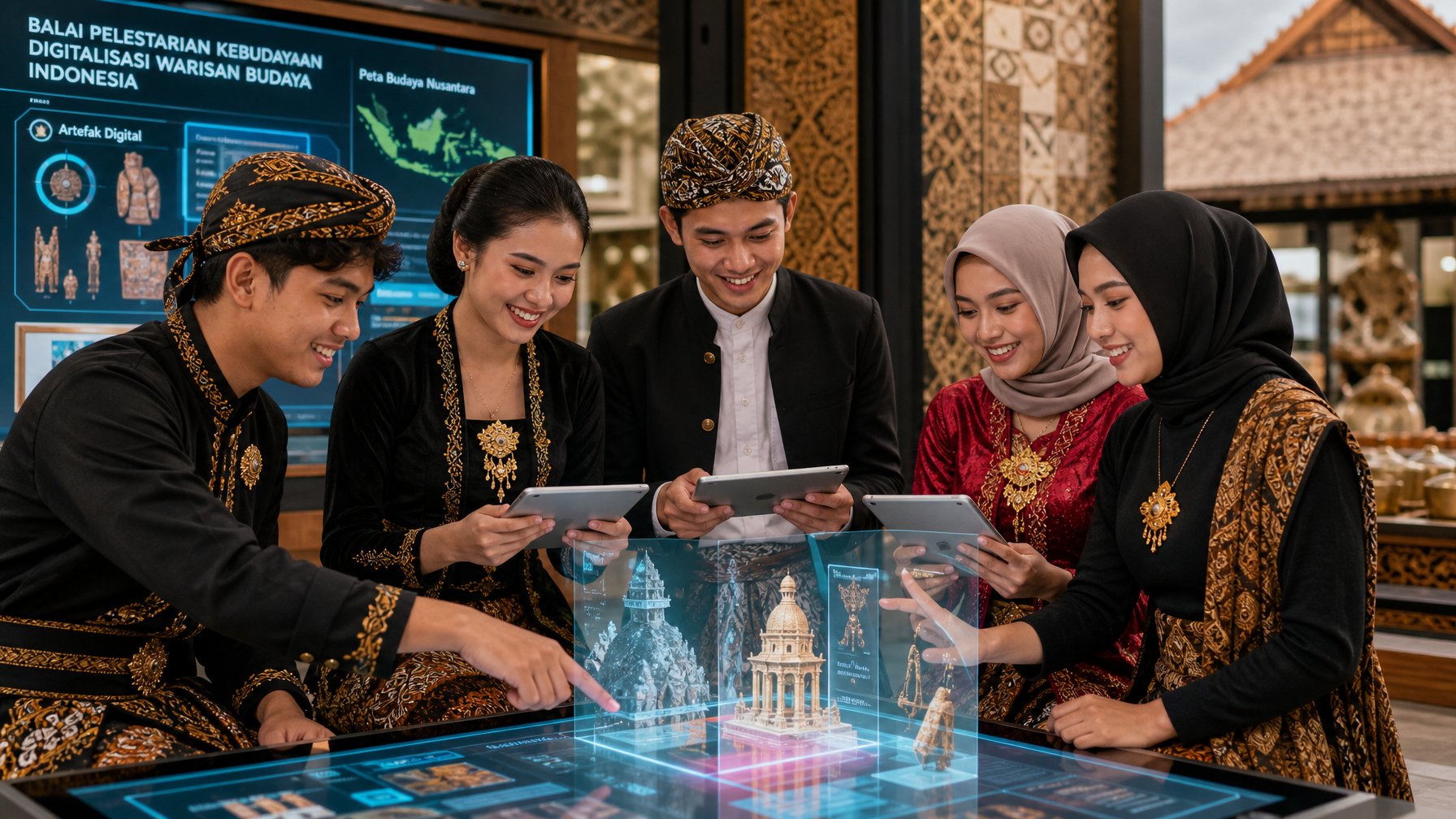 Kelompok pemuda Indonesia mengenakan pakaian tradisional sedang menggunakan perangkat digital untuk mempelajari dan melestarikan warisan budaya daerah.