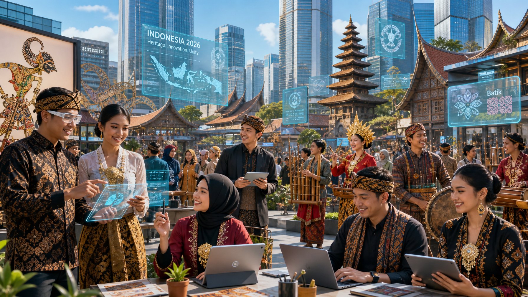 Sekelompok orang Indonesia mengenakan pakaian tradisional dan modern di lingkungan perkotaan dengan bangunan tradisional dan gedung-gedung pencakar langit, menunjukkan perkembangan budaya di tengah globalisasi dan modernisasi.