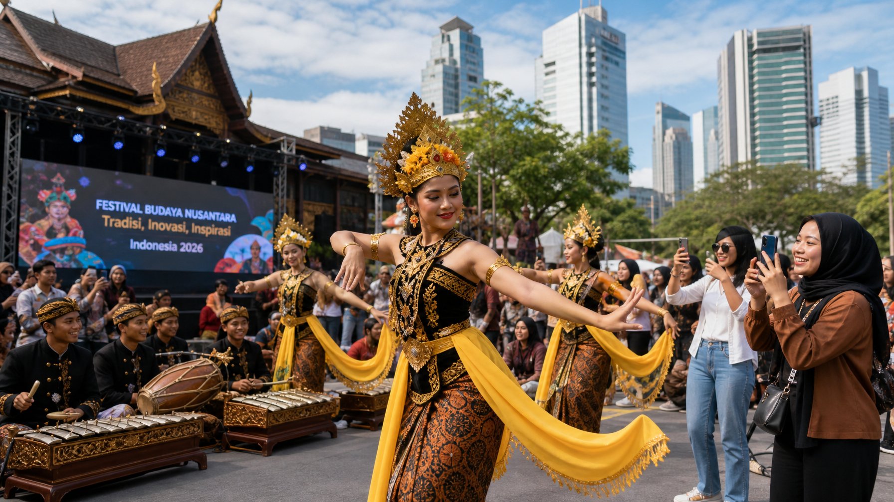 Orang-orang mengenakan pakaian tradisional dan modern sedang merayakan festival budaya di luar ruangan dengan latar belakang arsitektur tradisional dan gedung pencakar langit.