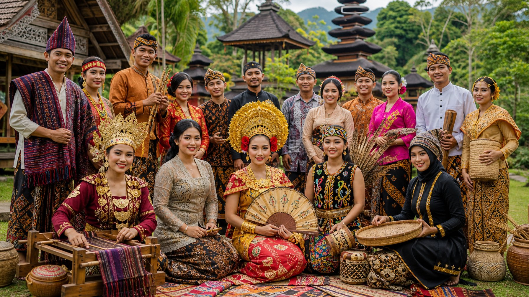 Sekelompok orang Indonesia mengenakan pakaian tradisional dari berbagai daerah berkumpul di luar ruangan dengan latar belakang bangunan tradisional dan pepohonan hijau.