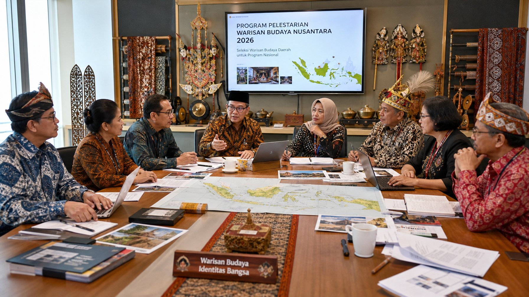 Sekelompok ahli budaya Indonesia sedang berdiskusi serius dalam konferensi ruang dengan berbagai artefak budaya tradisional di latar belakang.
