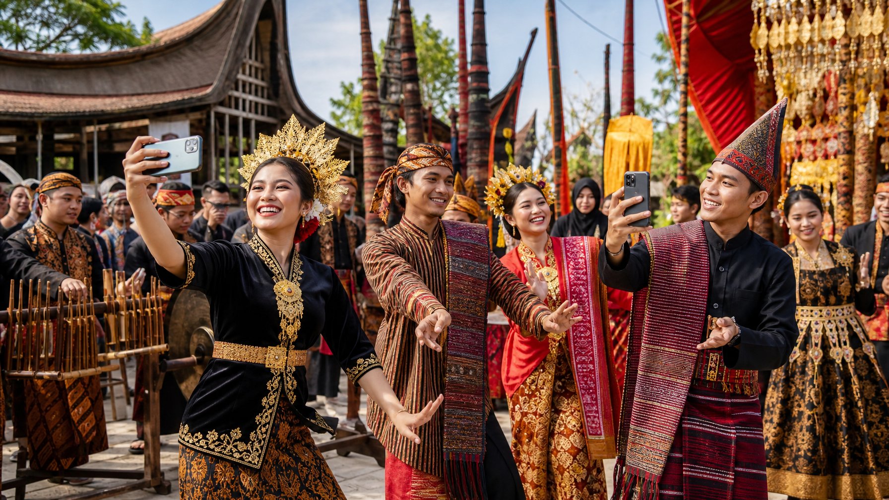 Sekelompok orang muda Indonesia mengenakan pakaian tradisional sambil menari dan merekam pertunjukan budaya di luar ruangan dengan latar dekorasi tradisional.
