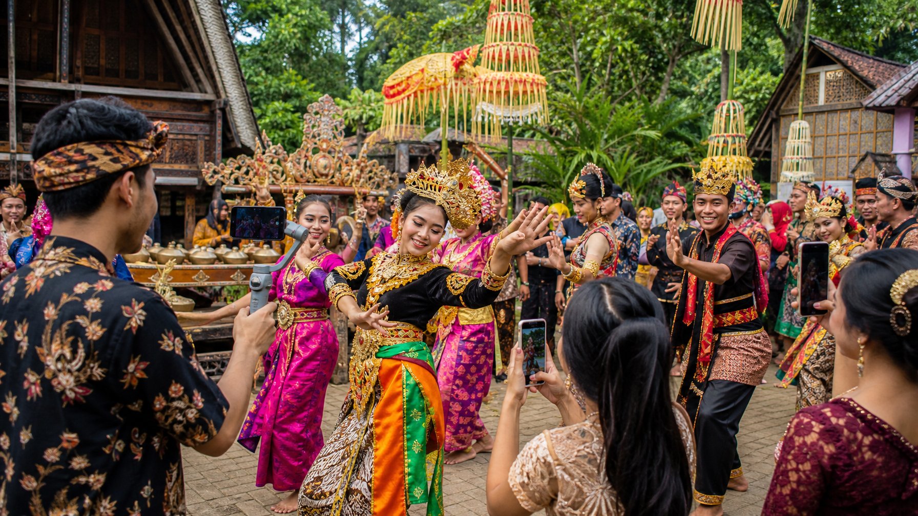 Orang-orang muda Indonesia sedang menari tradisional di sebuah festival budaya di desa pakaian dengan daerah berwarna-warni dan beberapa menggunakan ponsel untuk merekam.