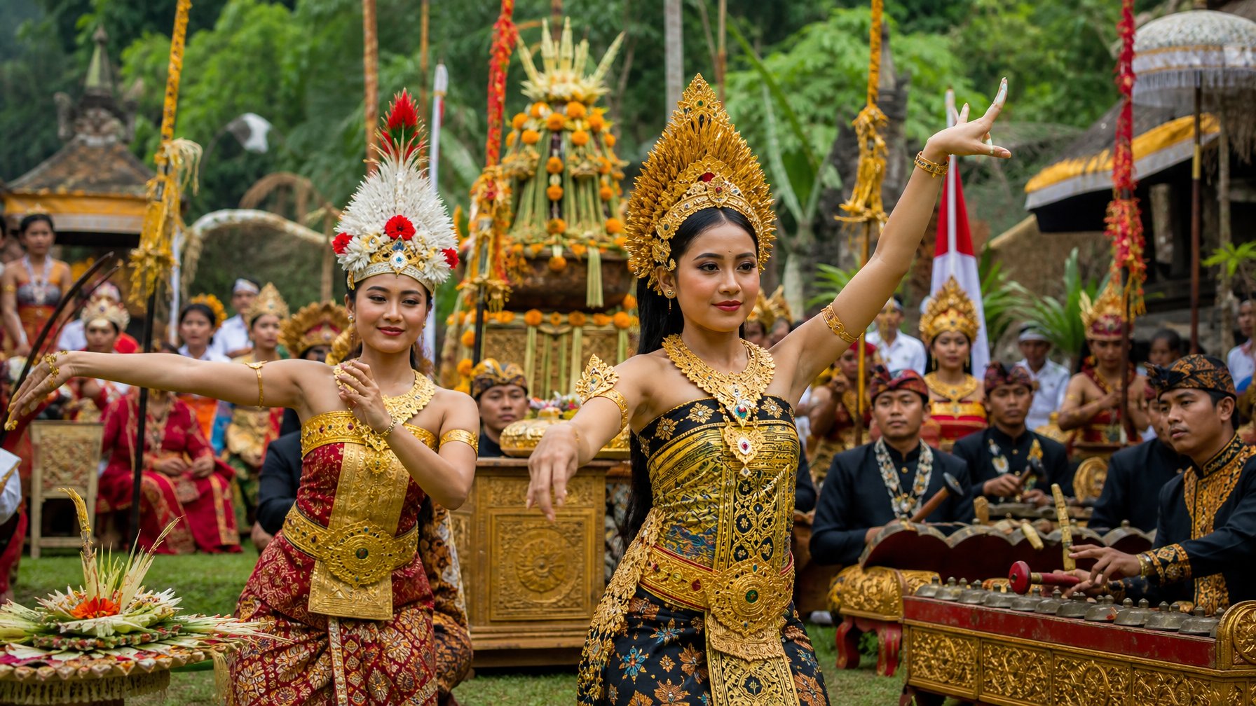 Sejumlah orang yang mengenakan pakaian adat tradisional Indonesia sedang melakukan upacara budaya di luar ruangan dengan dekorasi warna-warni dan alat musik tradisional.