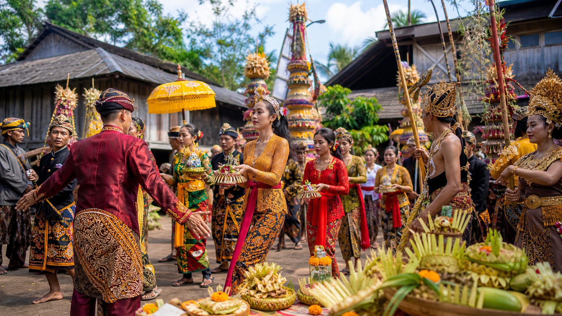 Orang-orang yang mengenakan pakaian adat Indonesia sedang mengikuti upacara tradisional di desa dengan rumah kayu dan pepohonan hijau di latar belakang.