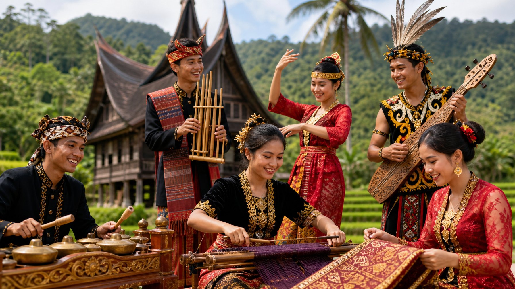 Sekelompok pemuda Indonesia mengenakan pakaian adat dari berbagai daerah sedang melakukan aktivitas budaya tradisional di latar alam tropis dengan rumah adat dan sawah.
